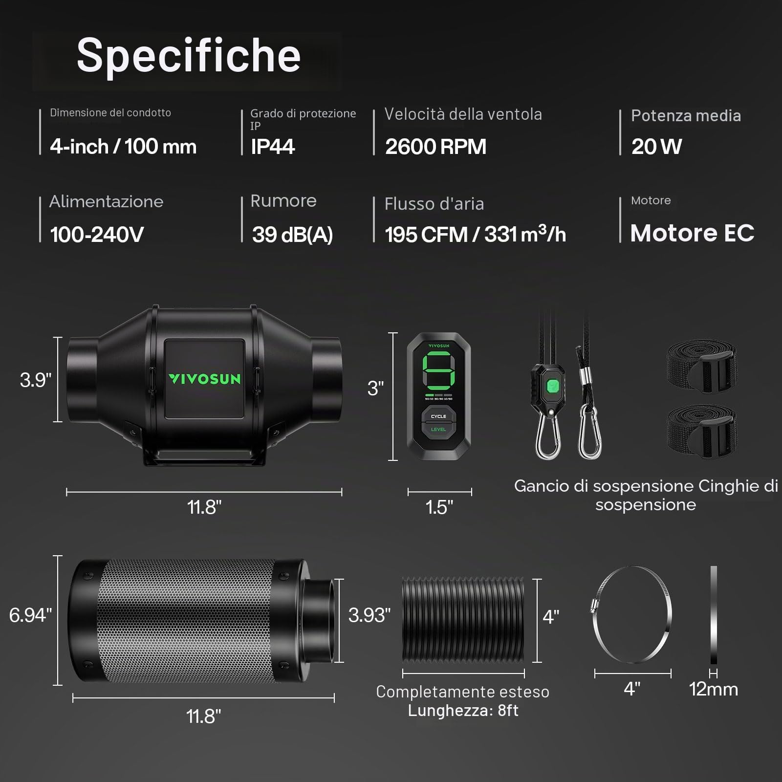 VIVOSUN Kit Estrazione Ventilatore da Condotto 100mm 331m³/h Regolatore Velocità E12 Filtro a Carbone e Condotto 240cm AeroZesh G4 Sistema Raffreddamento Ventilazione per Tenda Coltivazione