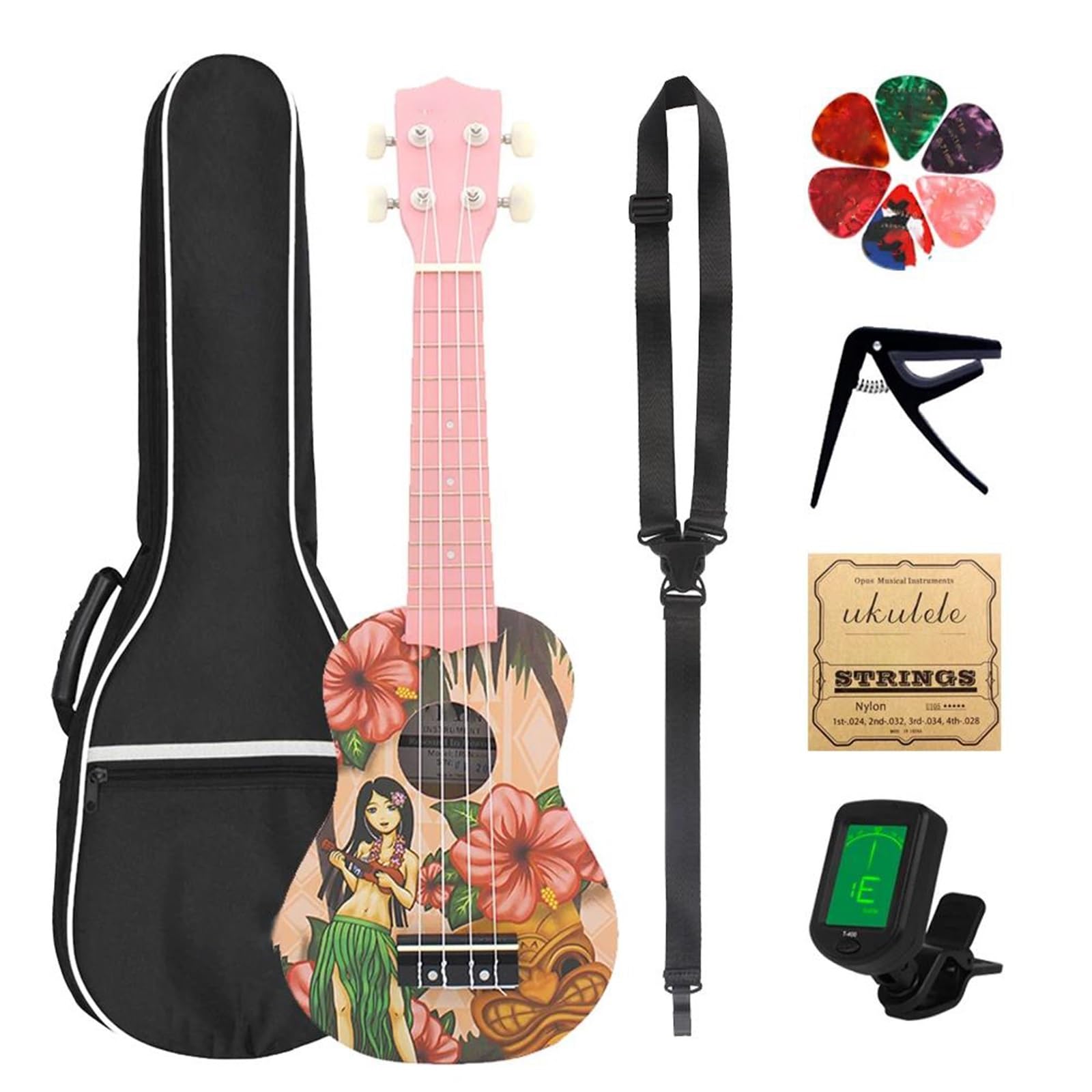 21 Zoll Ukulele 4 Saiten Hawaii-Gitarre Rosa Mini-Ukulele Mit Tasche Saiten Stimmgerät Gitarrenteile Ukulele Set