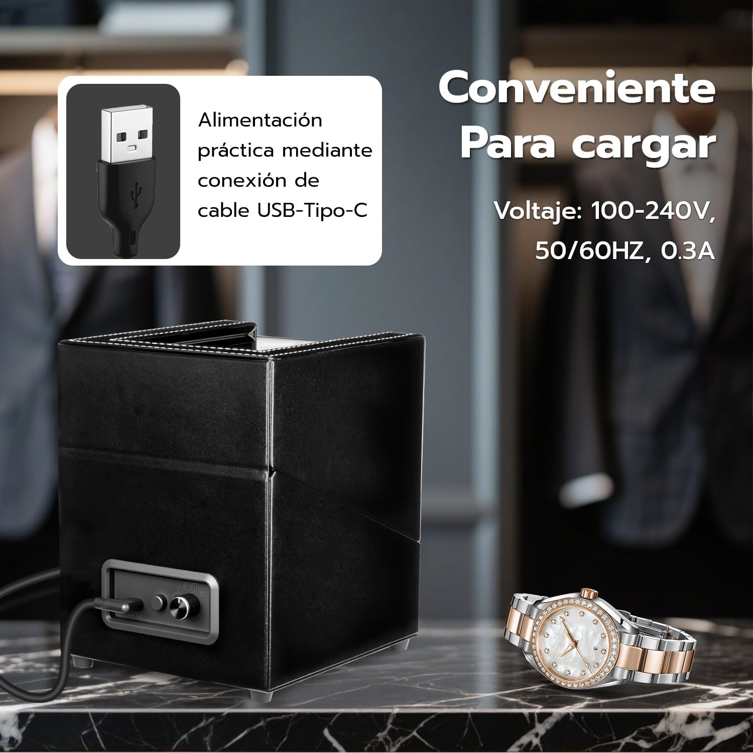 Caja automática doble para reloj, para 2 Relojes, Con LED azul, Caja enrolladora automática para Relojes, Vitrina acrílica de Cuero - Negro