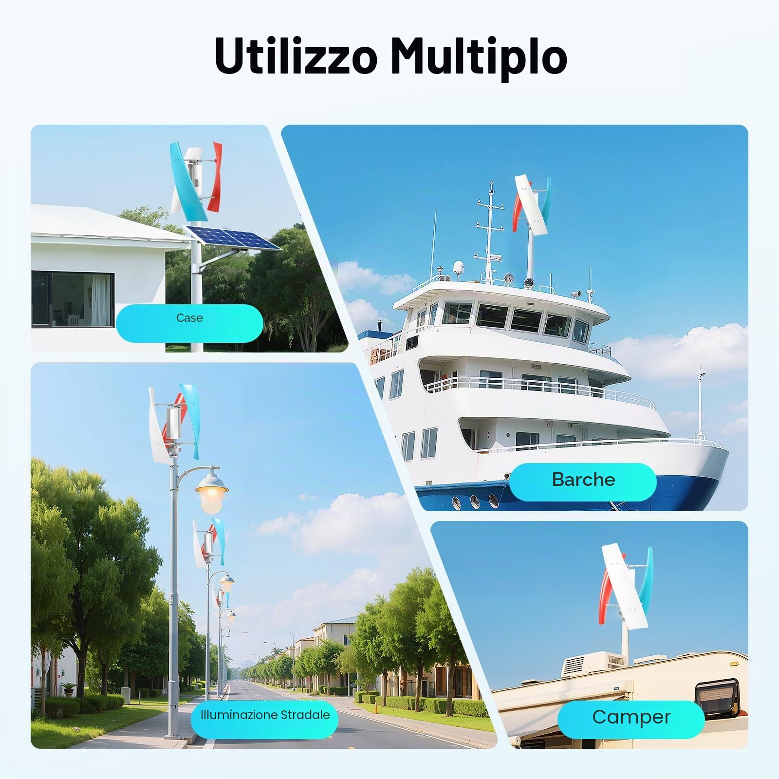 Generatore eolico ultra silenzioso 400 W con bassa velocità di avvio a partire da 1,3 m/s turbina eolica per argani estremi fino a 45 m/s e freno automatico per camper e casetta da giardino