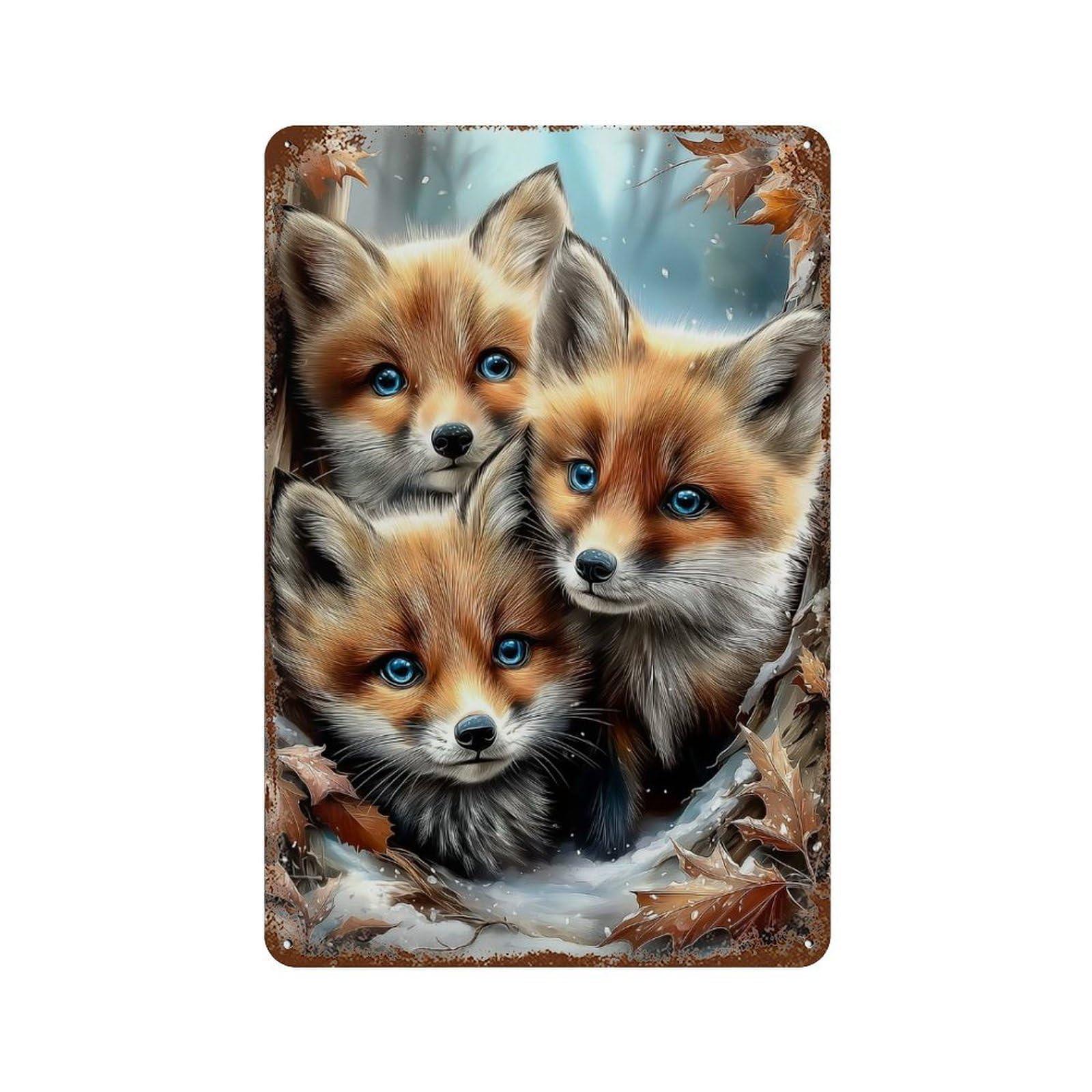 Three Fox Cubs in Winter Forest 11.8"x7.9" Vintage Rust Metal Sign, Decorative Metal Wall Art for Farmhouse, Kitchen And Entryway Decor