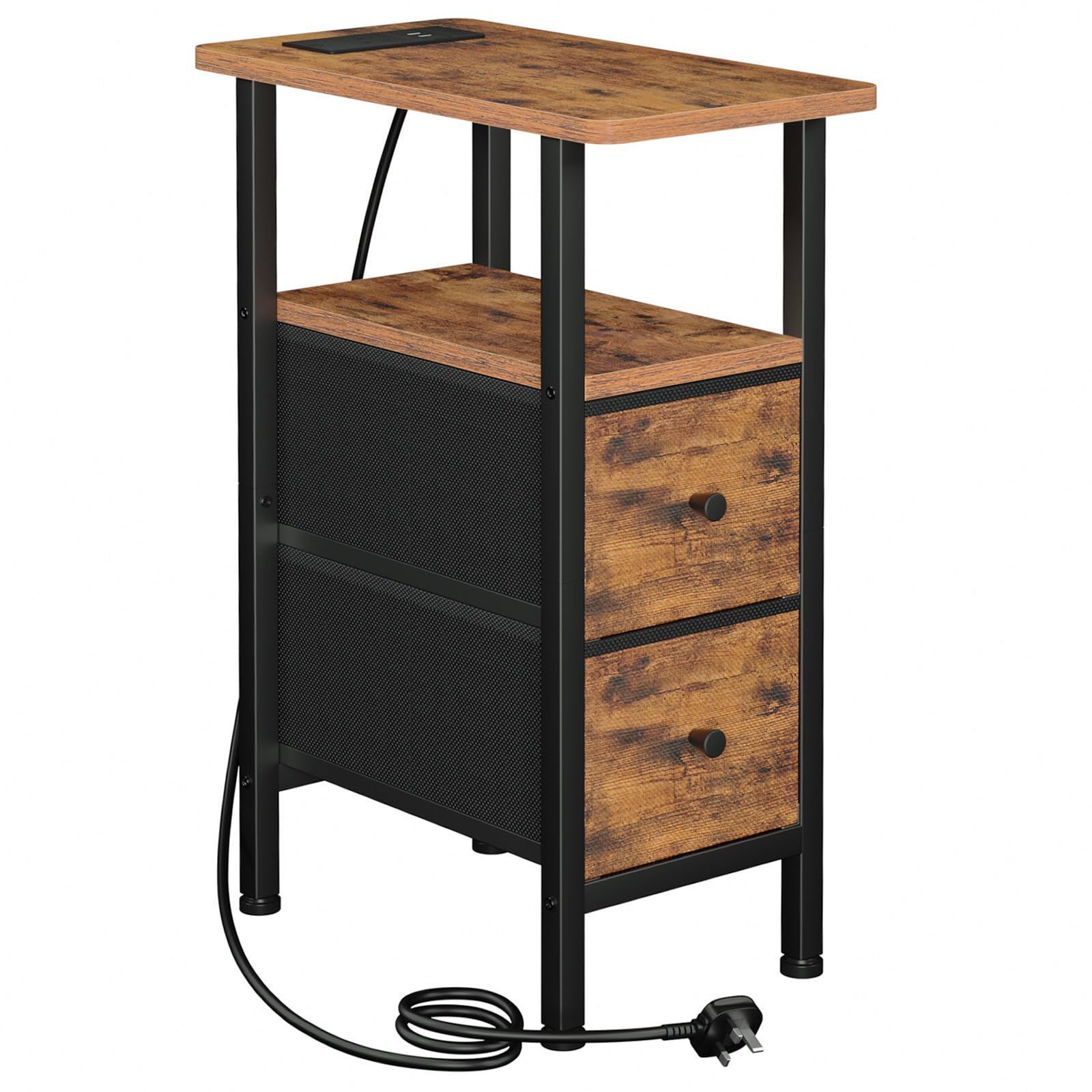 AMHANCIBLE Slim Bedside Table with Charging Station, Narrow Side Table with 2 Fabric Drawers, Small End Table with Open Storage Shelf, Nightstand for Small Spaces, Living Room, Brown HETNDP02BR-1 โ image 1