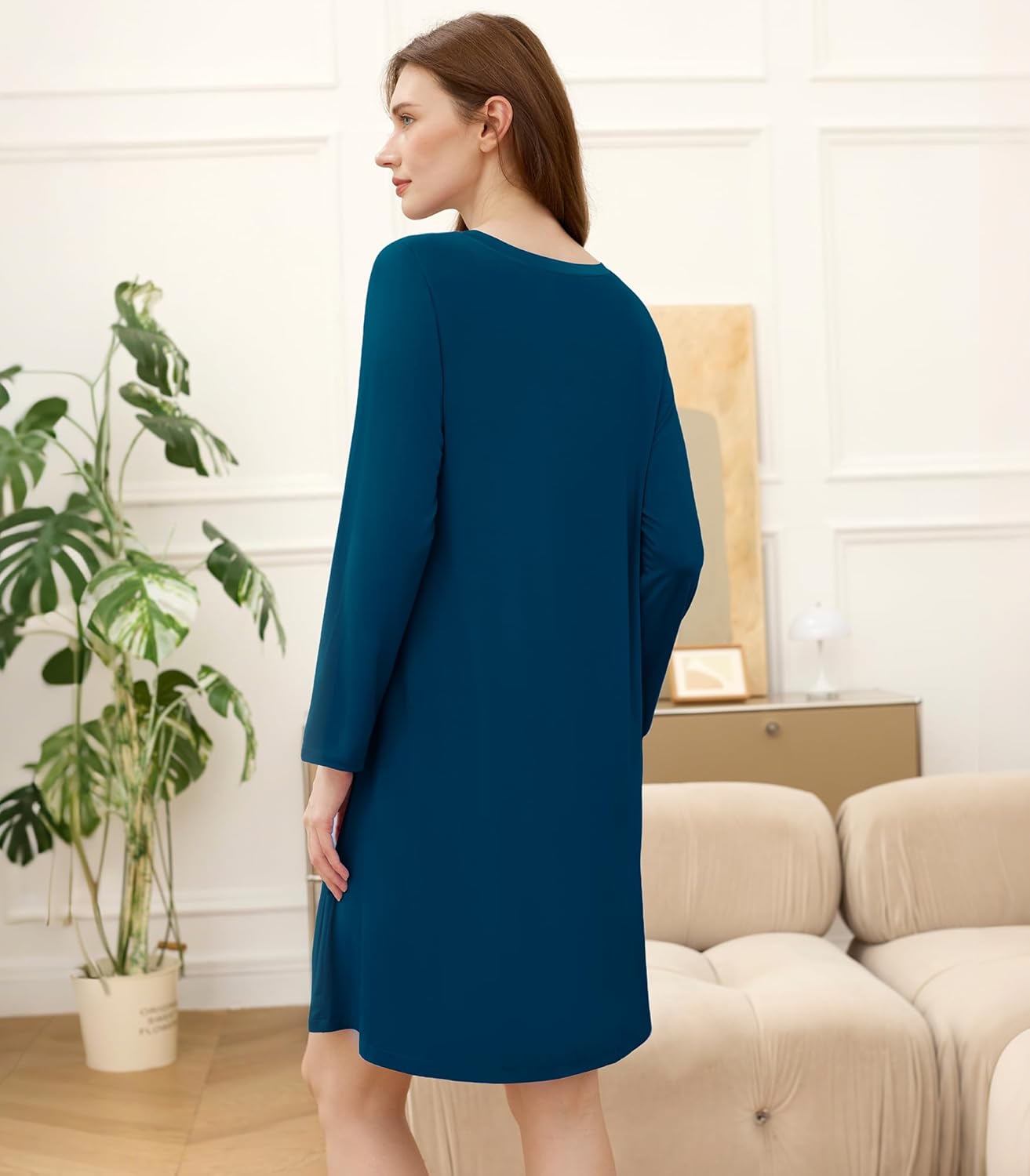 WiWi Nightgowns for Women Bamboo Viscose Cooling Sleepwear Super Soft Satin V Neck Sleepshirts Long Sleeve Nightshirt S-4X - Image 2