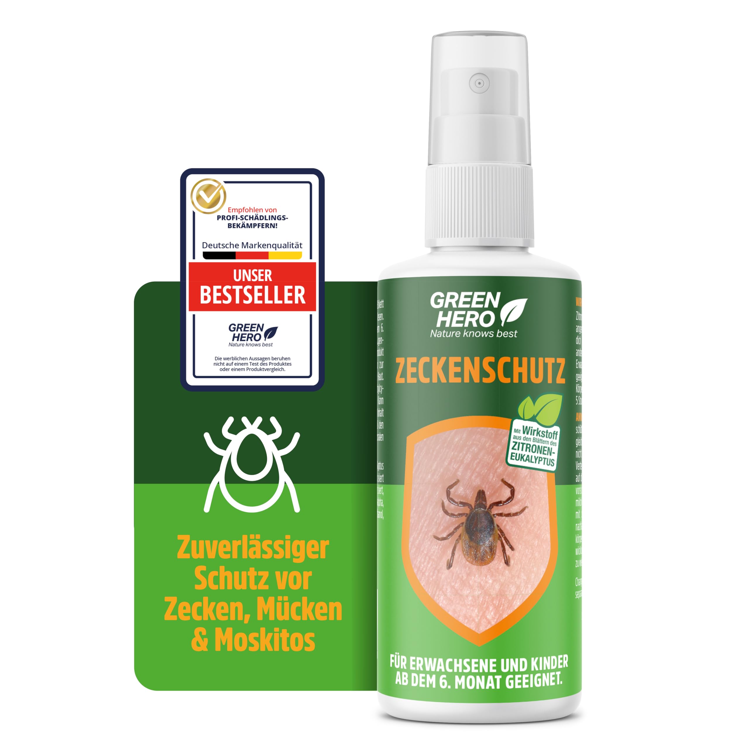 Green Hero Zeckenspray schützt zuverlässig vor Zecken, Mücken & Moskitos 100ml Zeckenschutz mit dem gut duftendem Wirkstoff EC-Öl, geeignet für Erwachsene und Kinder ab dem 6. Monat