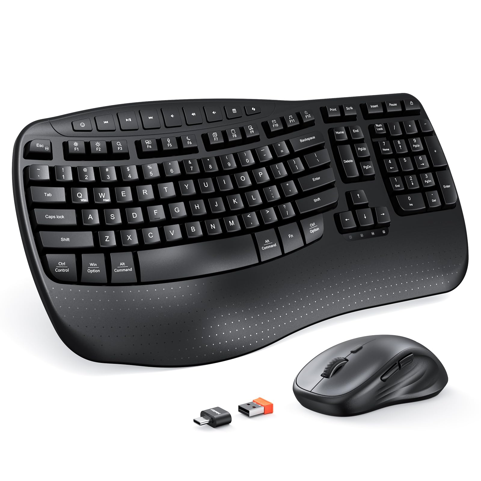 MEETION New Ergonomic Keyboard and Mouse Wireless Combo, Wave Keys Natural Typing, 2.4G Wireless Keyboard with Wrist Rest, 4 Adjustable DPI Optical Mouse, Computer/Laptop/Windows/Mac, Black