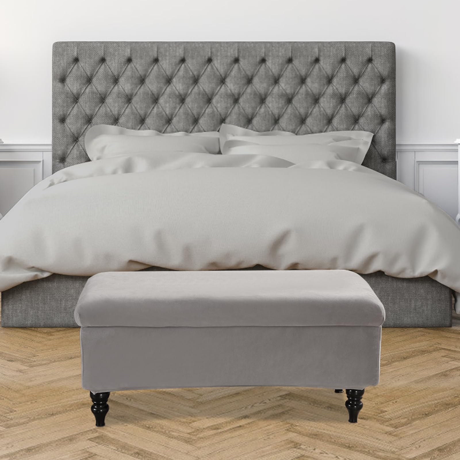 Velvet Storage Ottoman Cover, Stretch Ottoman Bench Cover, Soft Footstool Cover, Rectangular Ottoman Bench Slipcover, Nonslip Ottoman Slipcovers, Footrest Stool Cover with Elastic Bottom(grey)