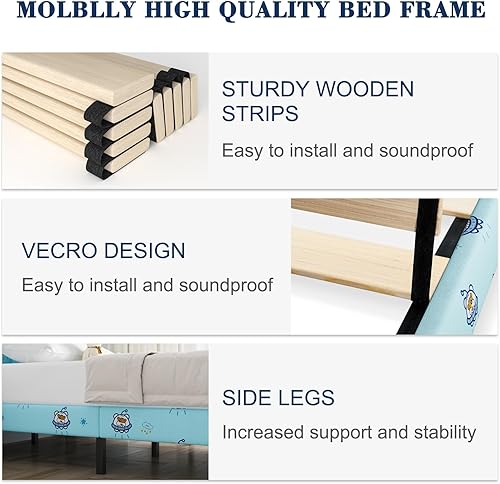 Miniatura 4 de Molblly Base de cama individual tapizada con cabecero y listones de madera fuertes, fuerte capacidad de peso, antideslizante y sin ruido, no