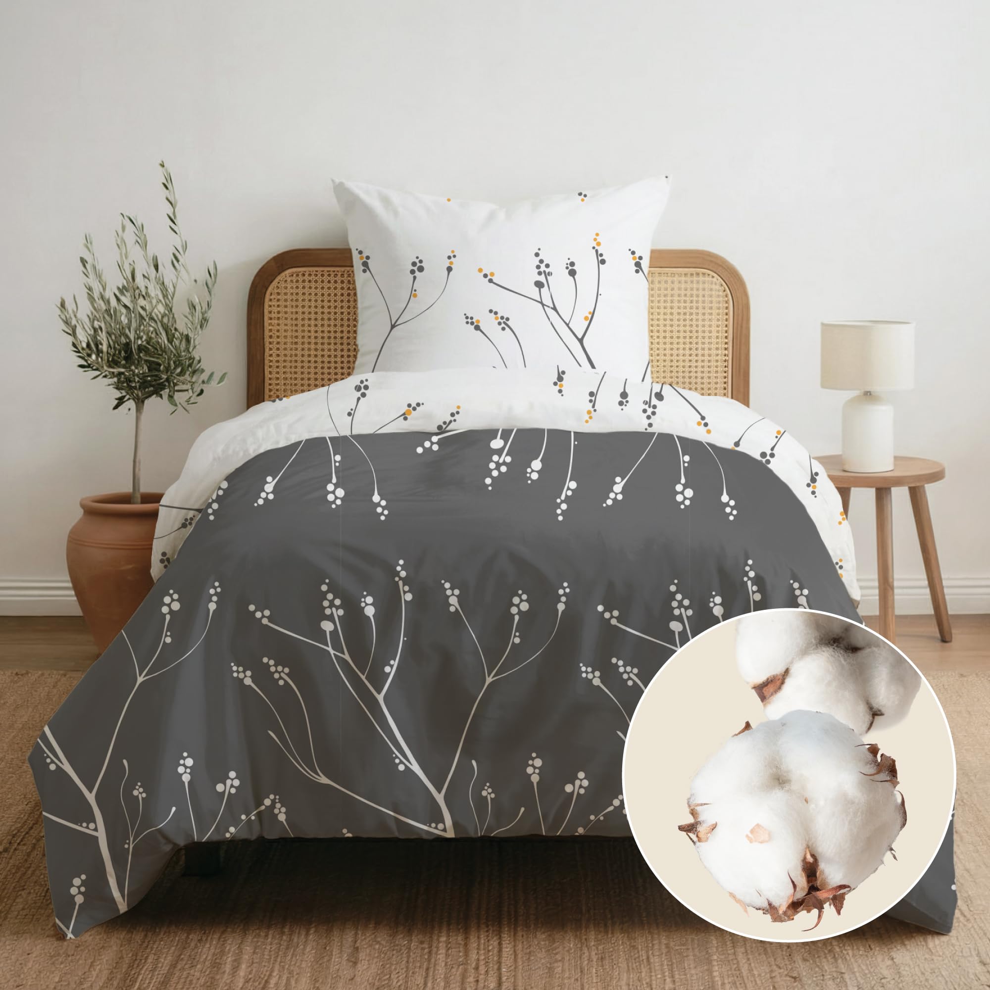 Dreamzie 100% Cotton - 1 Duvet Cover for 90 cm Bed (140 x 200) and 1 Pillowcase 65 x 65 cm - Abstract Grey Print - Zip & Oeko-Tex