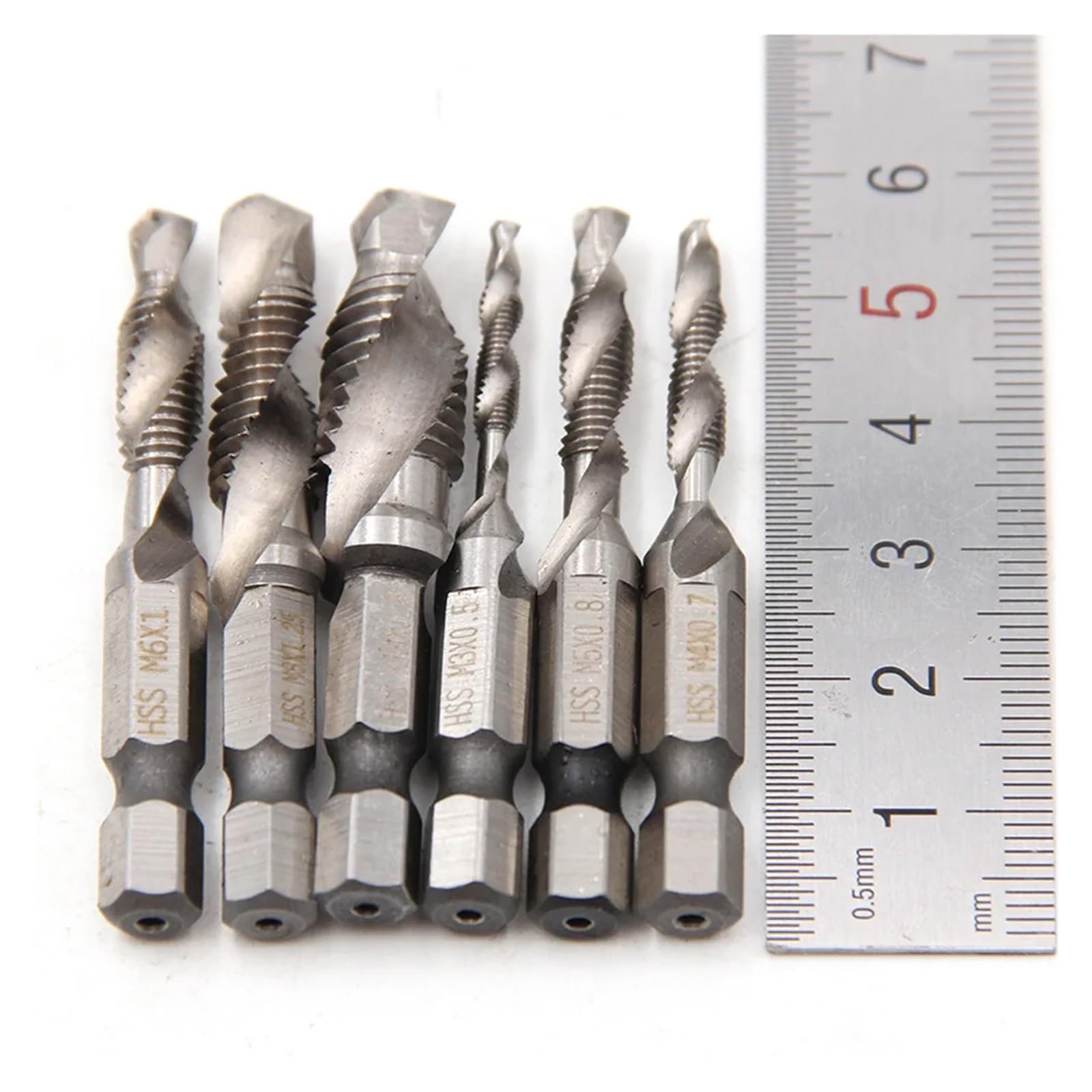 1-6 pezzi maschi for trapano con gambo esagonale placcato in titanio HSS for filettatura metrica punte for maschi for macchina for viti composte M3 M4 M5 M6 M8 M10 utensili manuali(SilverX6)