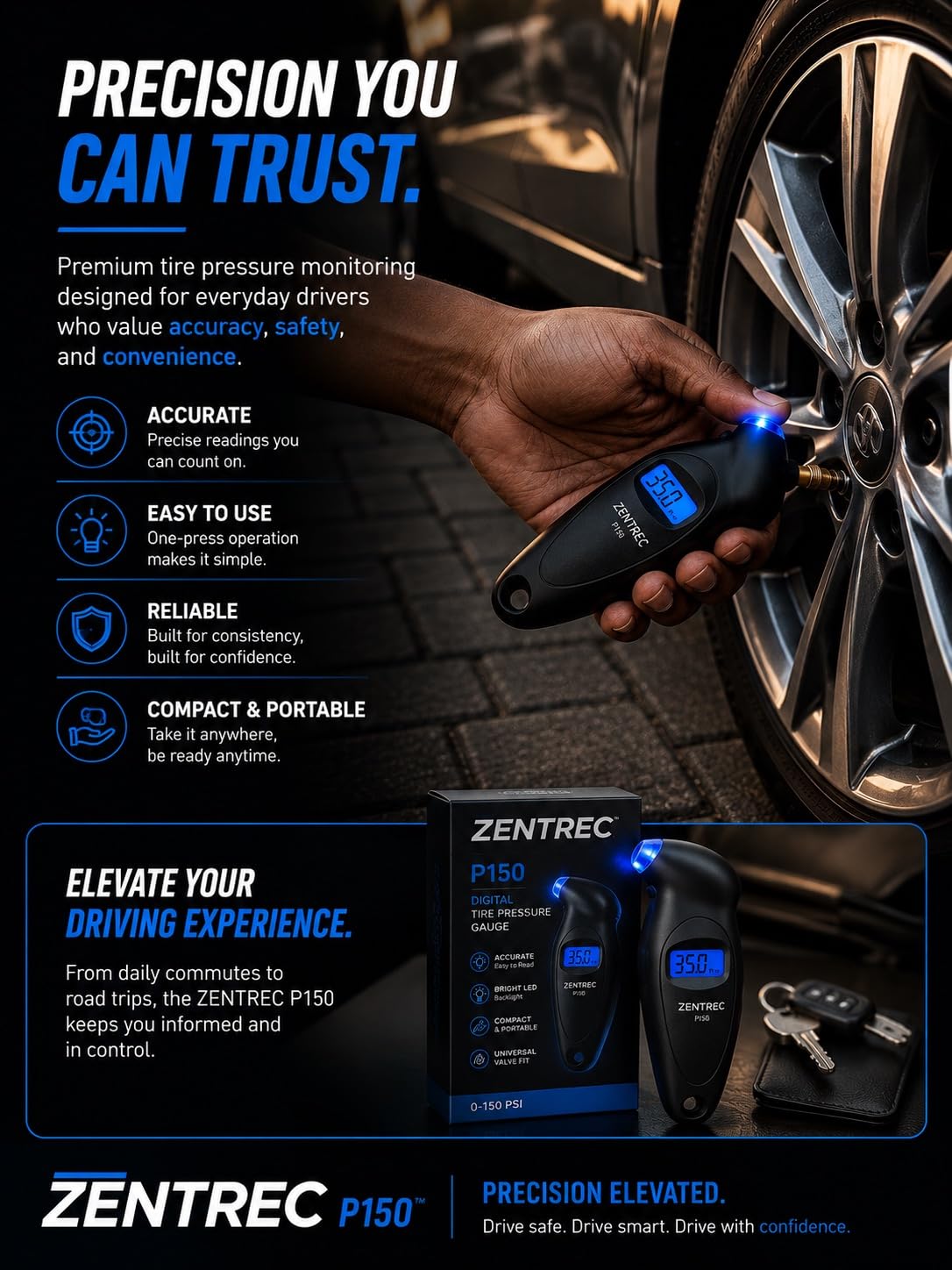 P150 Digital Tire Pressure Gauge – ±1.5 PSI Accuracy, Backlit LCD, Presta & Schrader Compatible for Cars, Trucks, Motorcycles & Bicycles