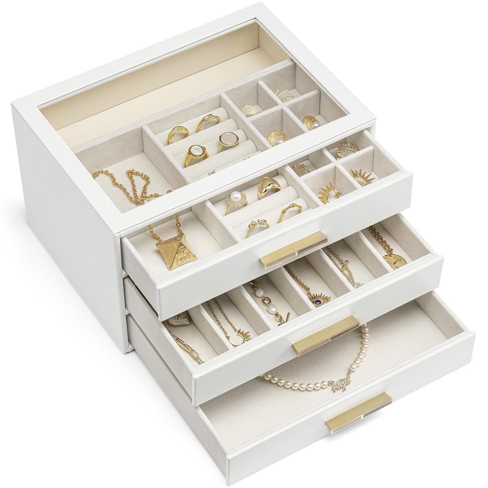 VLANDO Schmuckkästchen Groß, Schmuckkasten mit 4 Ebenen, Schmuck Organizer mit Glasdeckel, 4 Schubladen,für Halsketten, Ohrringe, Uhren, Armbänder, Schmuckaufbewahrung, Modern