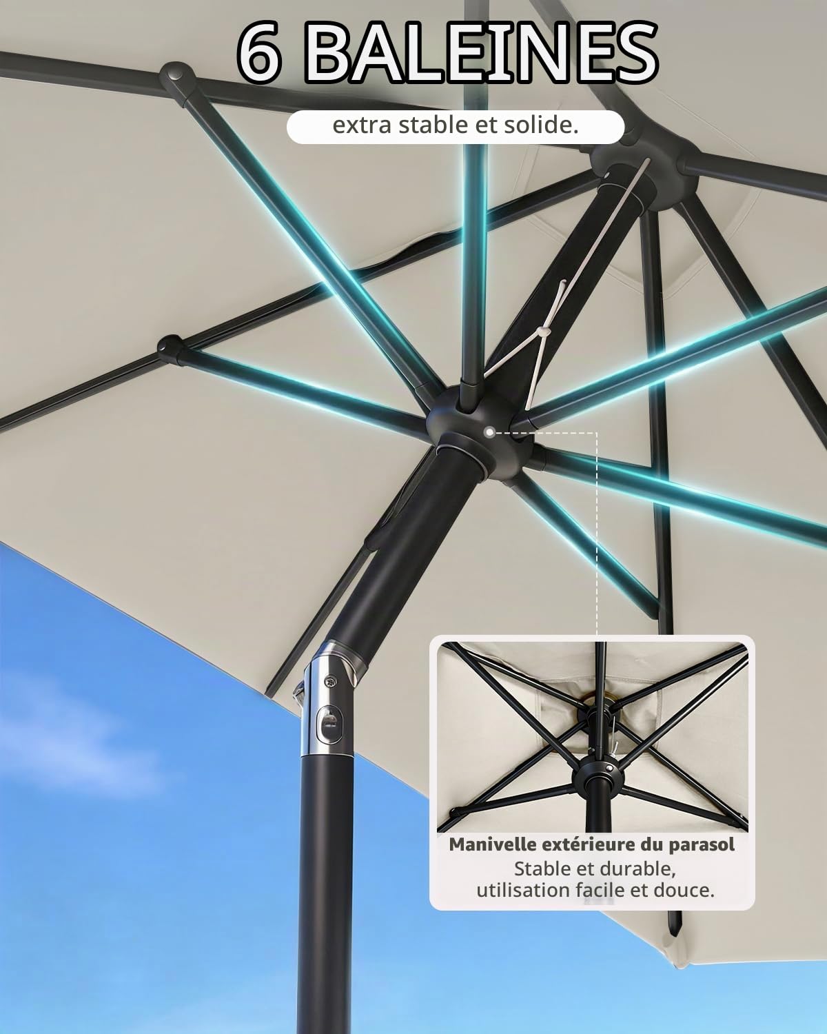 Sunula Parasol rectangulaire avec système de manivelle, tube en acier de 38 mm et baleines ovales de 12 x 18 mm, parasol de marché, protection solaire pour balcon, jardin