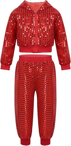 Disfraz de baile callejero de lentejuelas para niñas y niños, hip hop, jazz, actuación, chaqueta con capucha y pantalones harén