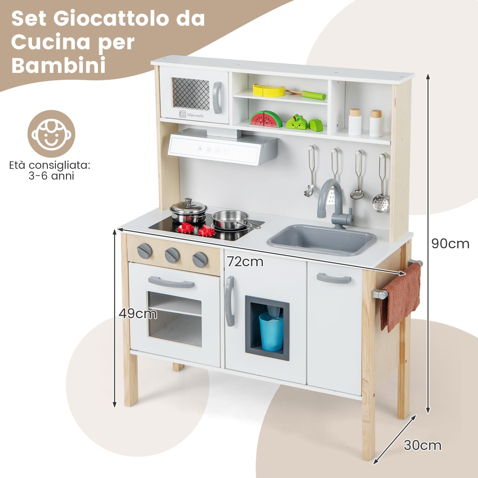 RELAX4LIFE Cucina Giocattolo per Bambini, Gioco Cucina in Legno con Microonde, Forno, Rubinetto, Lavello e 18 PCS Accessori, Mini Cucina per Bambini 3 4 5 6 Anni (Bianco)