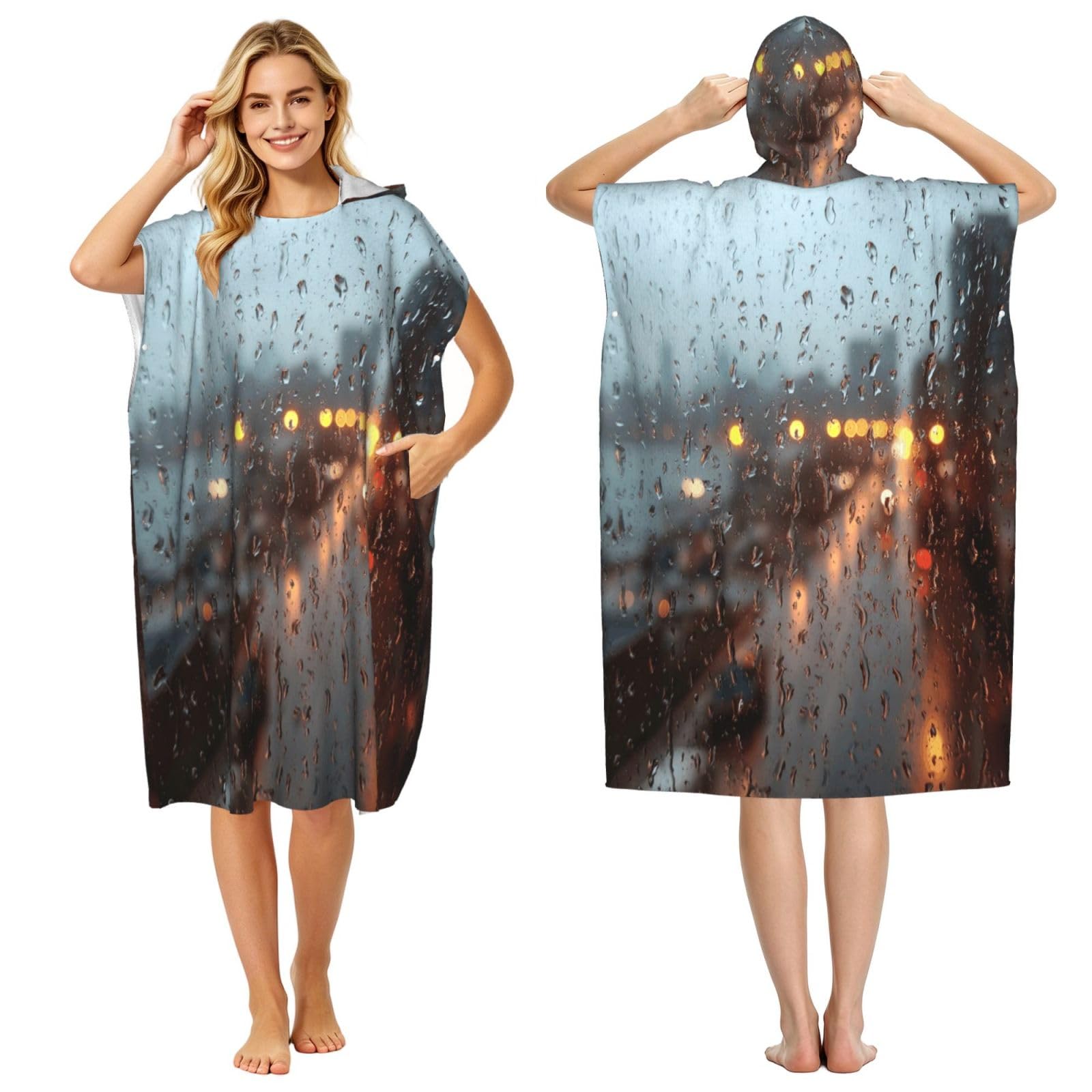 DTHKJNLSF City In The Rain Adult Hooded Beach Poncho Towel