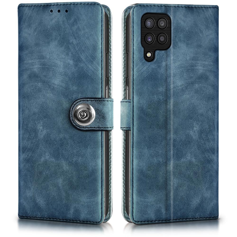 WOW IMAGINE Shock Proof Flip Cover Back Case for Samsung Galaxy F22 4G | M32 4G | M32 Prime | A22 4G (Magnetic Button Flip Case | Wallet Pockets & Stand | Leather Finish | Aquamarine)