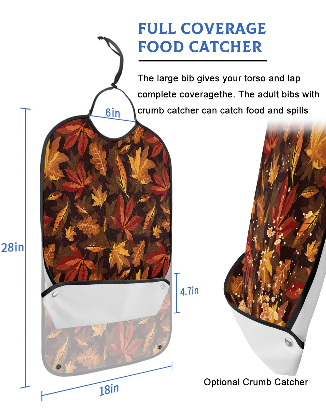LEOKOTI Thanksgiving Adult Bibs for Eating, Waterproof Bibs with Food Catcher & Adjustable Snap Closure, Rustic Autumn Fallen Leaves Washable Clothing Protectors Adult Bibs for Elderly Women/Men