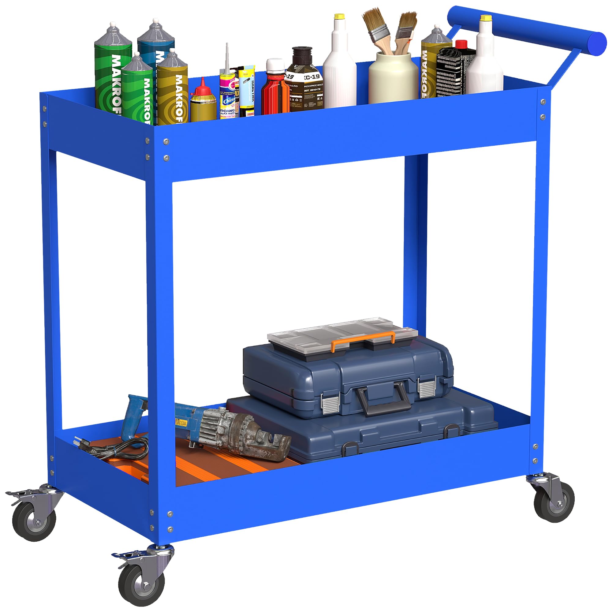DURHAND Carrello da officina per officina, carrello per attrezzi a 2 livelli, maniglia laterale e ruote bloccabili, per garage, magazzino, utensili fai da te, carico 150 kg, 84,5 x 38 x 84 cm, blu