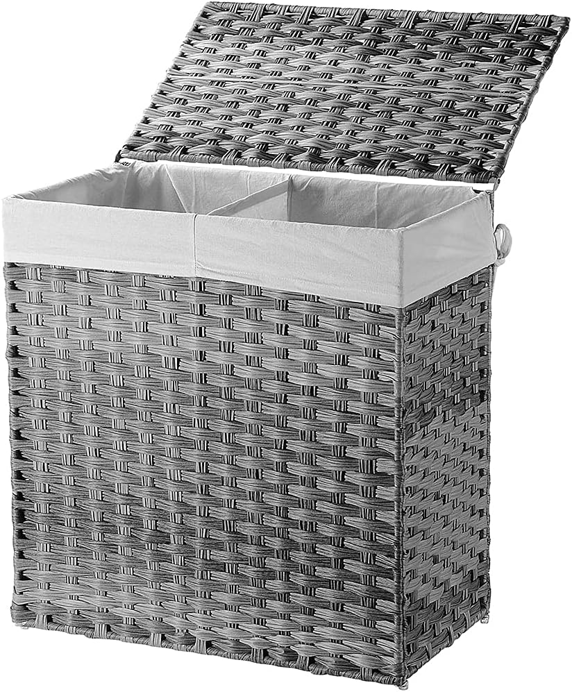 SortWise 110L Laundry Hamper with Lid, 2 Sections Foldable Wicker