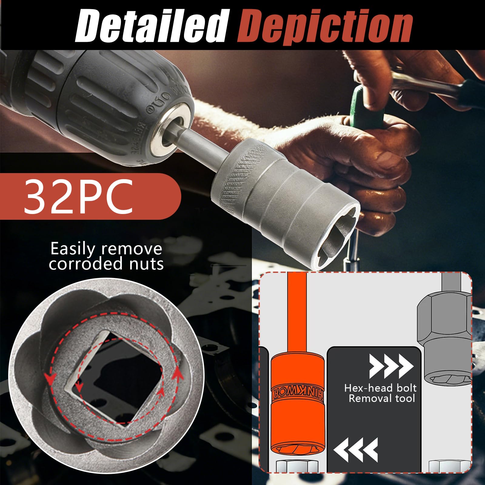 Juego Extractor De Tornillos 32 Piezas, Vasos Extractores 3/8" Y 1/4" Perfil Espiral, Para Tornillos Y Tuercas Dañadas Oxidadas O Gripadas, Acero Cr-Mo Con Adaptador Rápido
