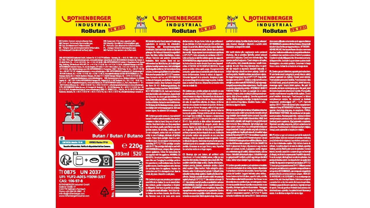 ROTHENBERGER Industrial Gaskartusche RoButan 220 g / 393 ml, Bajonett-Verschluss, MSF-1A, Ventilkartusche Gas Outdoor Camping Brenner Unkrautvernichter, 4 Stück, 1500003504-4