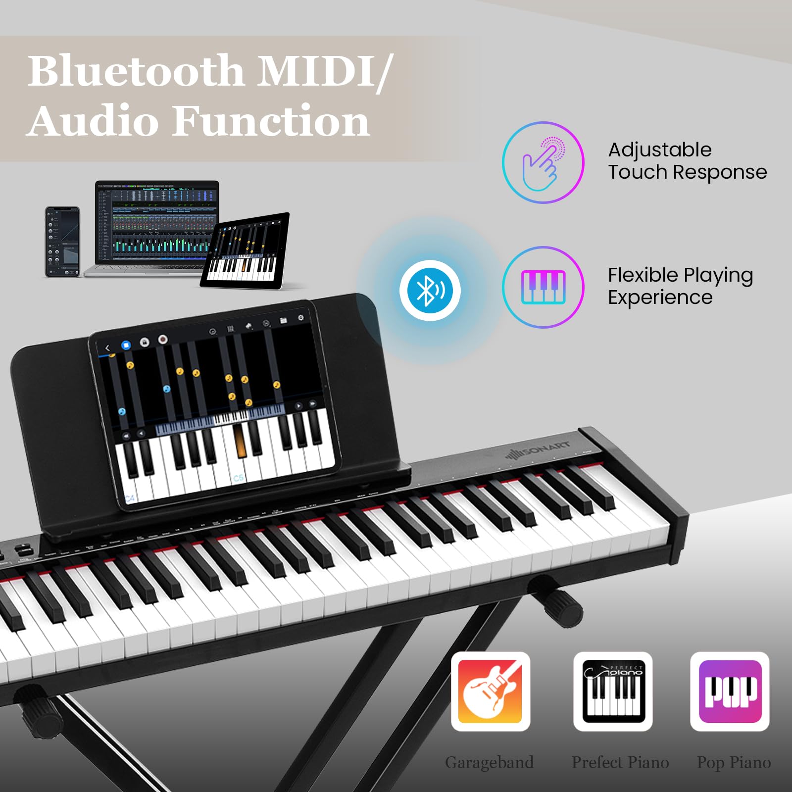 KOMFOTTEU Pianoforte Digitale 61 Tasti Semi-Ponderati, Tastiera Musicale con Supporto e Sgabello, Digial Piano con Tasti Semi-Pesati, Funzione Audio MIDI Wireless, Leggio, Pedale di Sustain e Borsa