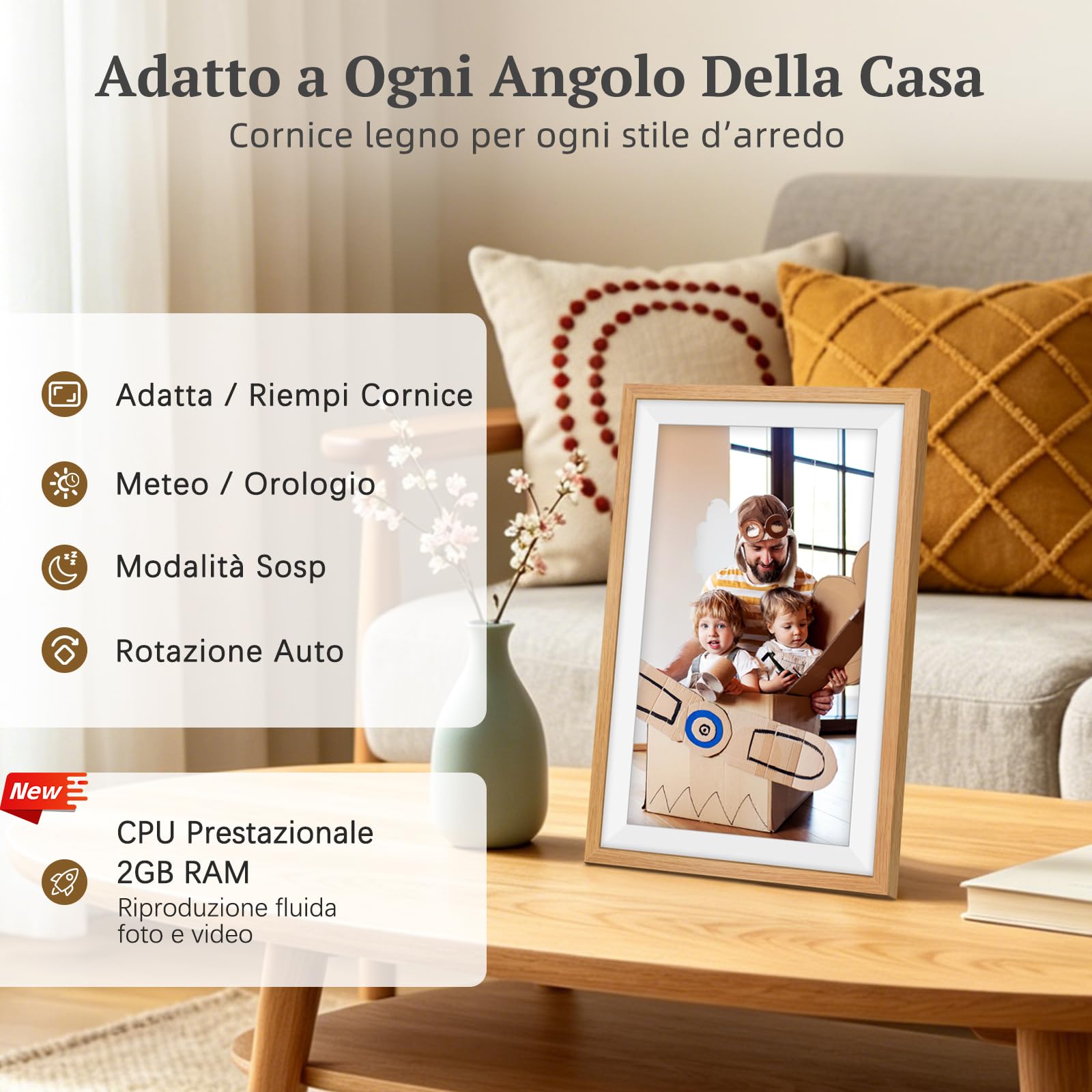 Frameo Cornice Digitale Foto Legno di Rovere 15.6 Pollici WiFi, Memoria da 32 GB, Touchscreen IPS FHD, Condividi Foto Video Tramite l'app Frameo, Regalo da Donna Uomo