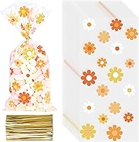 Vista 1 de 100 bolsas de dulces de margaritas, bolsas bohemias de celofán, bolsas de regalo de plástico hippie retro, bolsa de regalo de flores de margarita