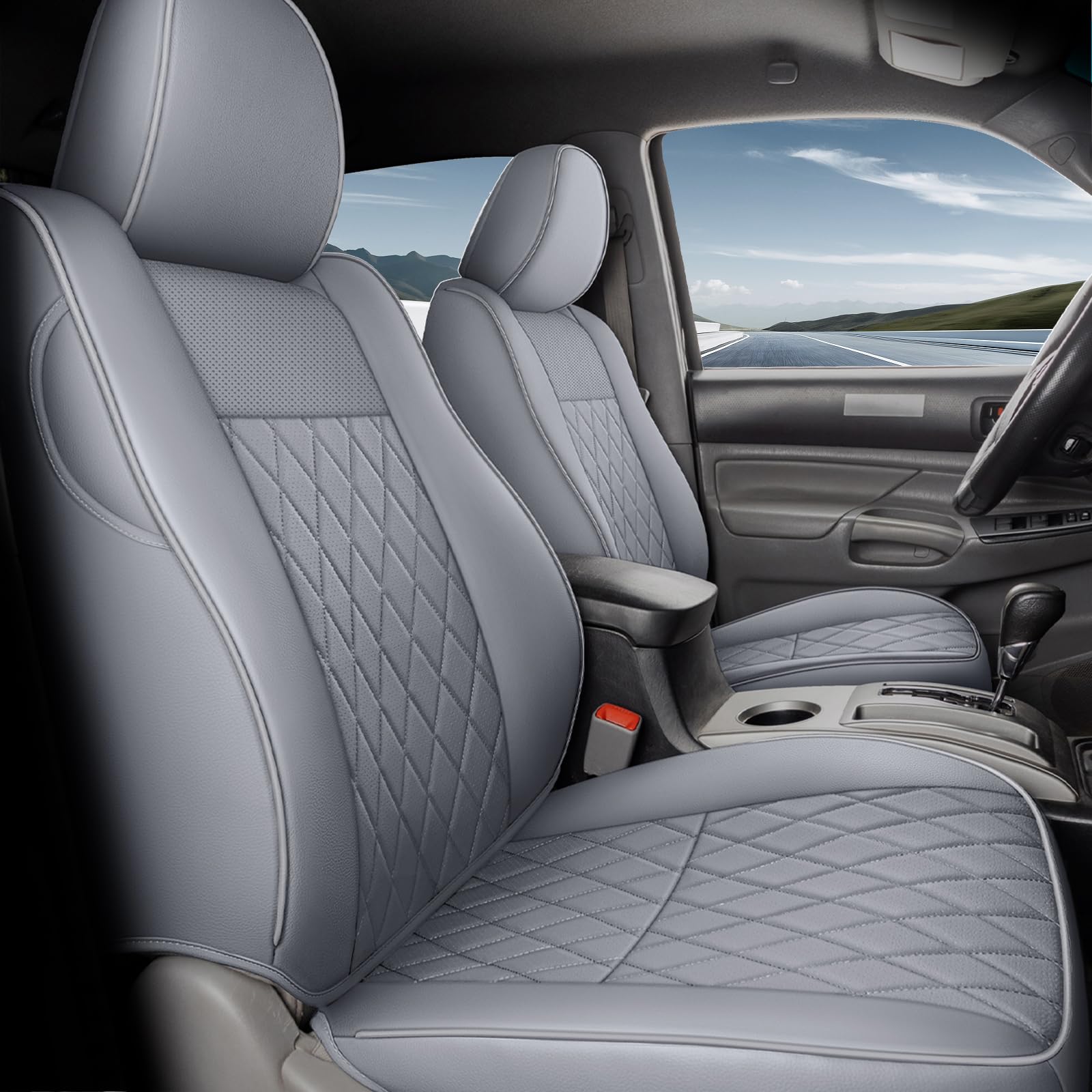 Coverado Tacoma Seat Covers Full Set, Faux Leather Seat Covers Custom Fit for 2005-2023 Toyota Tacoma Double/Crew Cab Base Prerunner SR5 Limited TRD Sport Interior Covers (Gray)