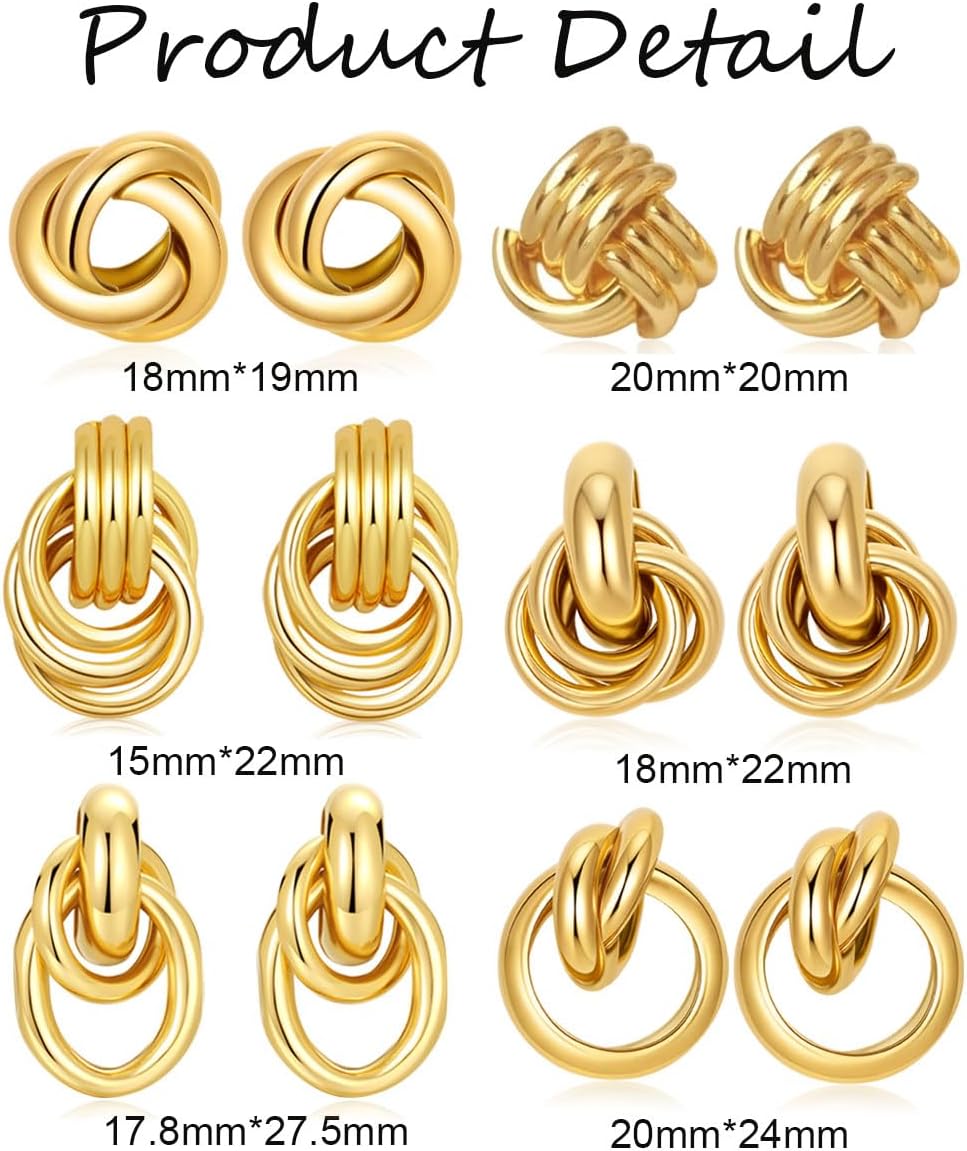 Akeoqi 6 Pairs Gold Knot Earrings for Women Chunky Statement Drop Dangle Earring Studs Geometric Twisted Long Link Hoop Earrings Jewelry Gifts - Image 5