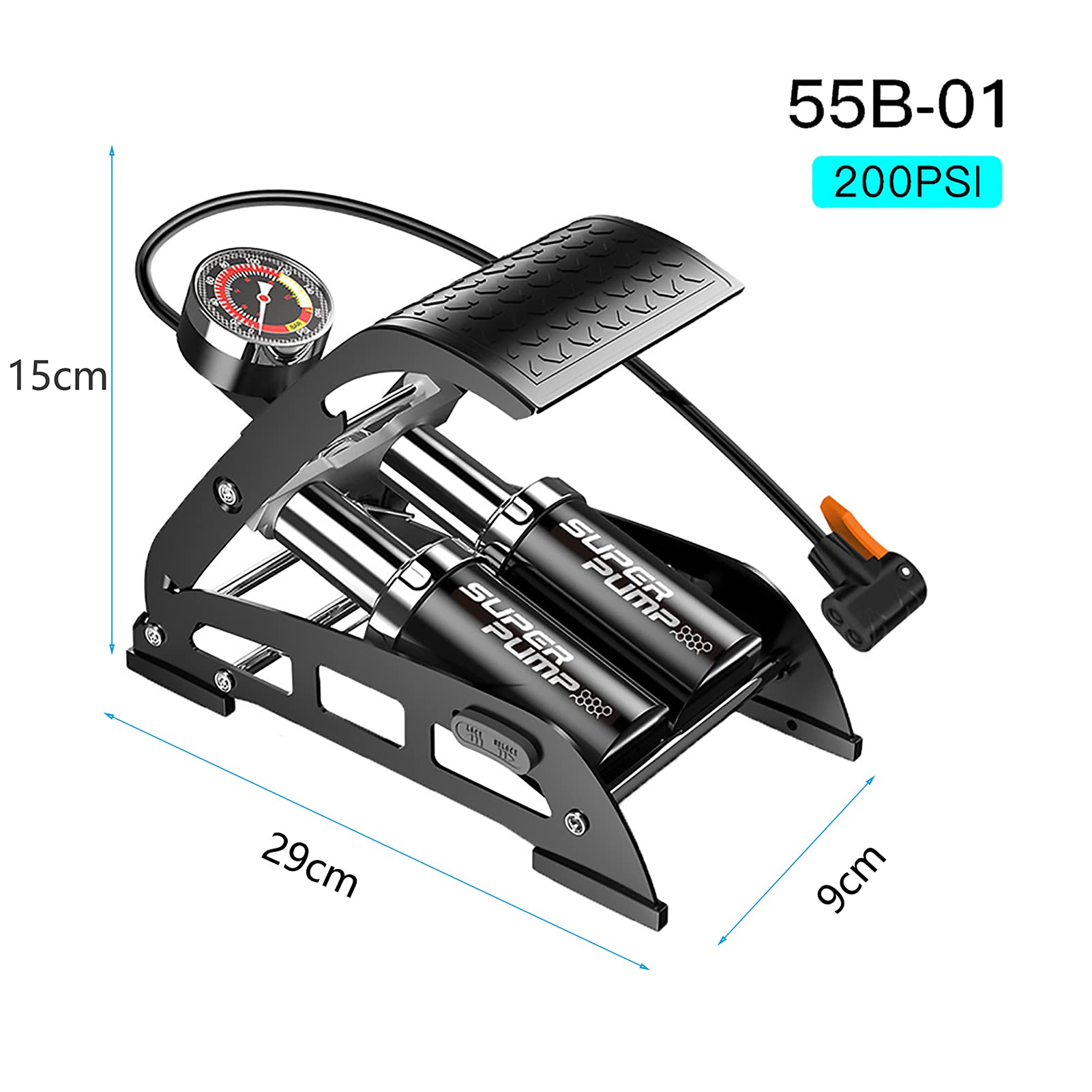 BuyWeek Pompa a pedale per bici, pompa a pedale a doppio cilindro 200PSI Pompa a pavimento per bicicletta Pompa ad aria portatile con manometro