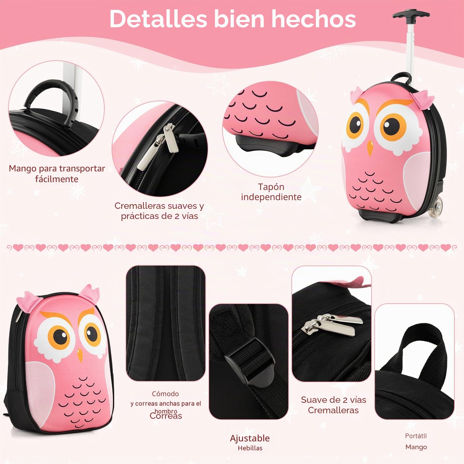 SOARS Juego de Maleta Infantil Niños, 16 '' Maleta + 12 '' Mochila, Maleta Cabina Ruedas y Asa Telescópica, Aprobado por Aerolíneas, Equipaje de Mano (Búho)