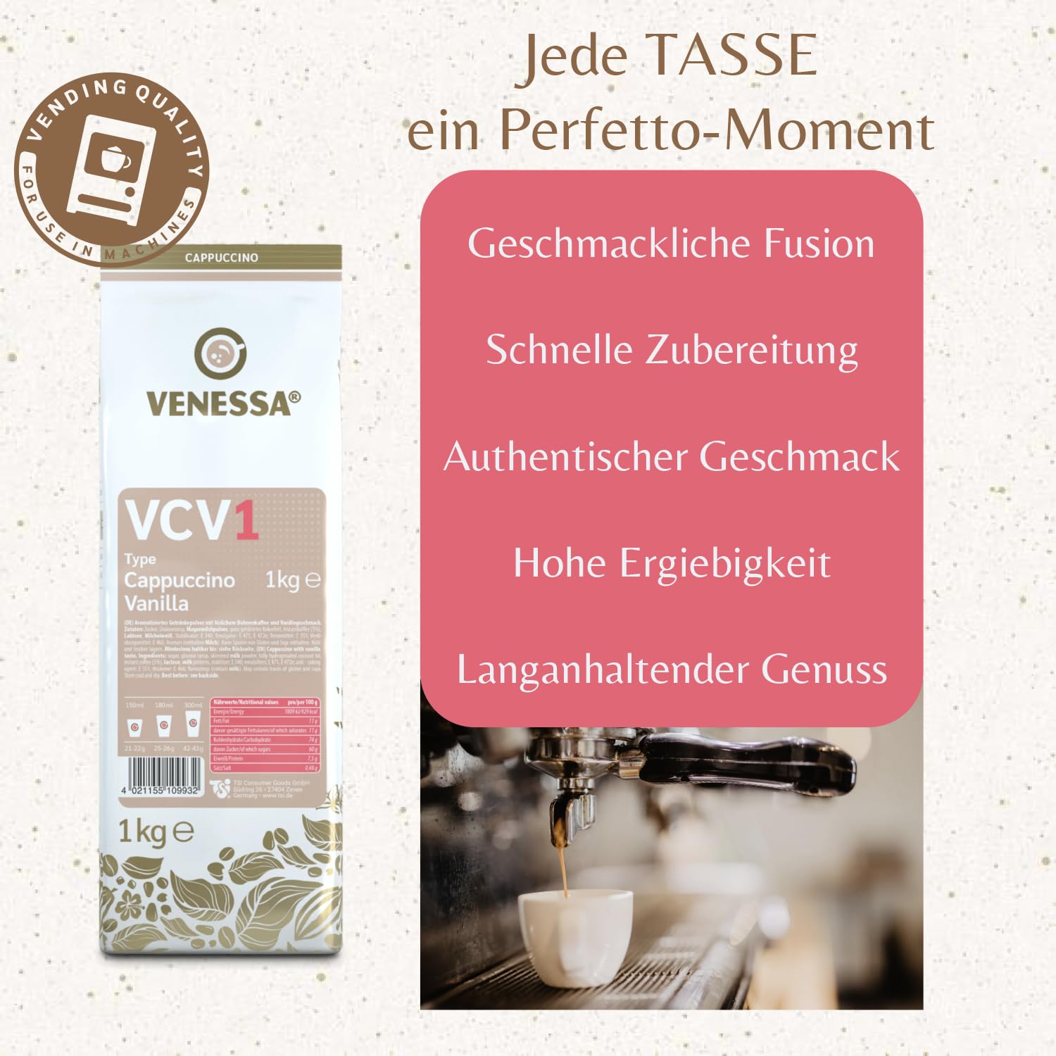 VENESSA VCV1 Cappuccino Vainilla 20 x 1 kg – Pack ahorro – Café instantáneo con sabor a vainilla – Cappuccino cremoso con fina vainilla – Apto para todas las cafeteras automáticas