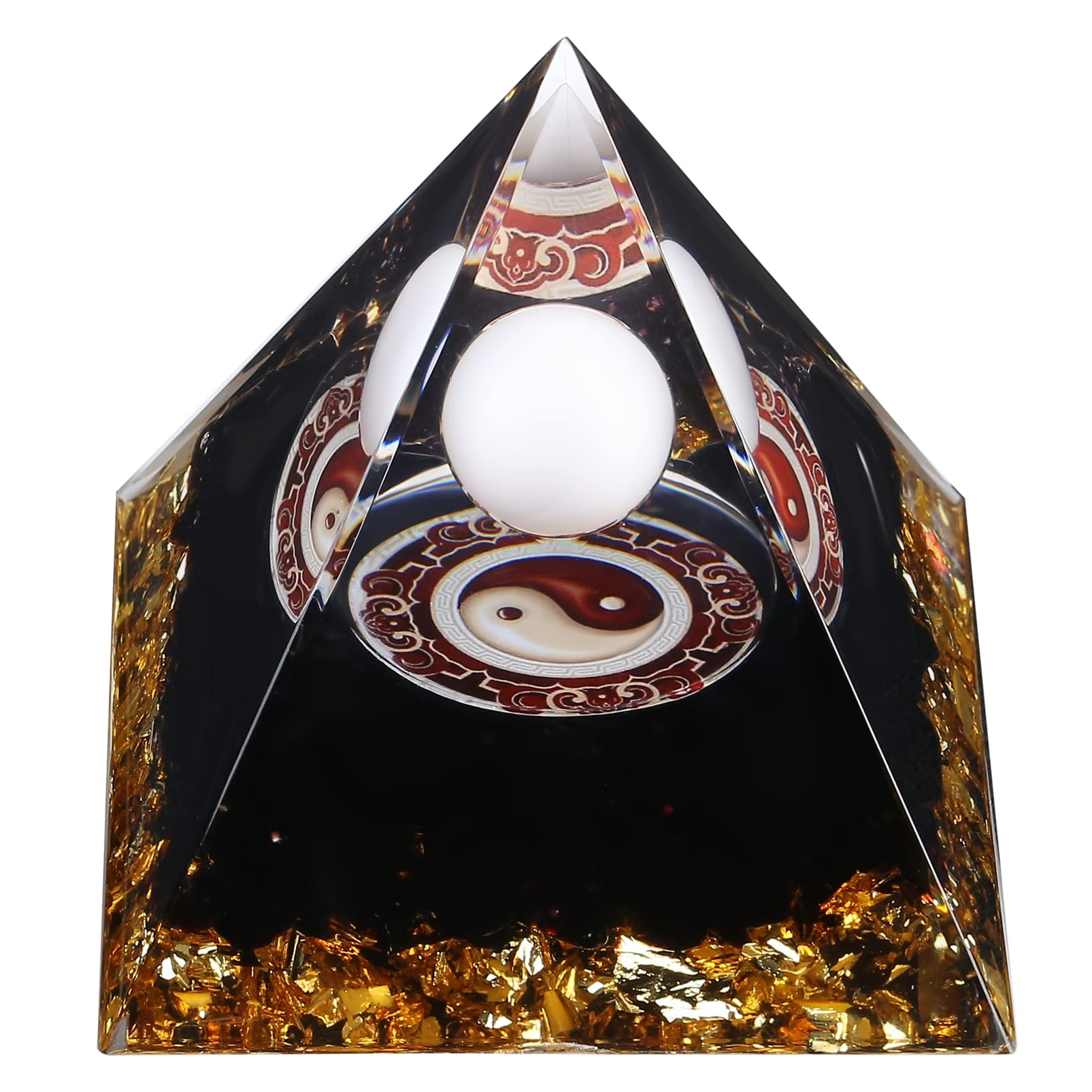 Yin Yang Healing Crystal Orgonite Pyramid - Tai Chi with Obsidian Opal Ball - Taiji Reiki Chakra Meditation Paperweights Decor