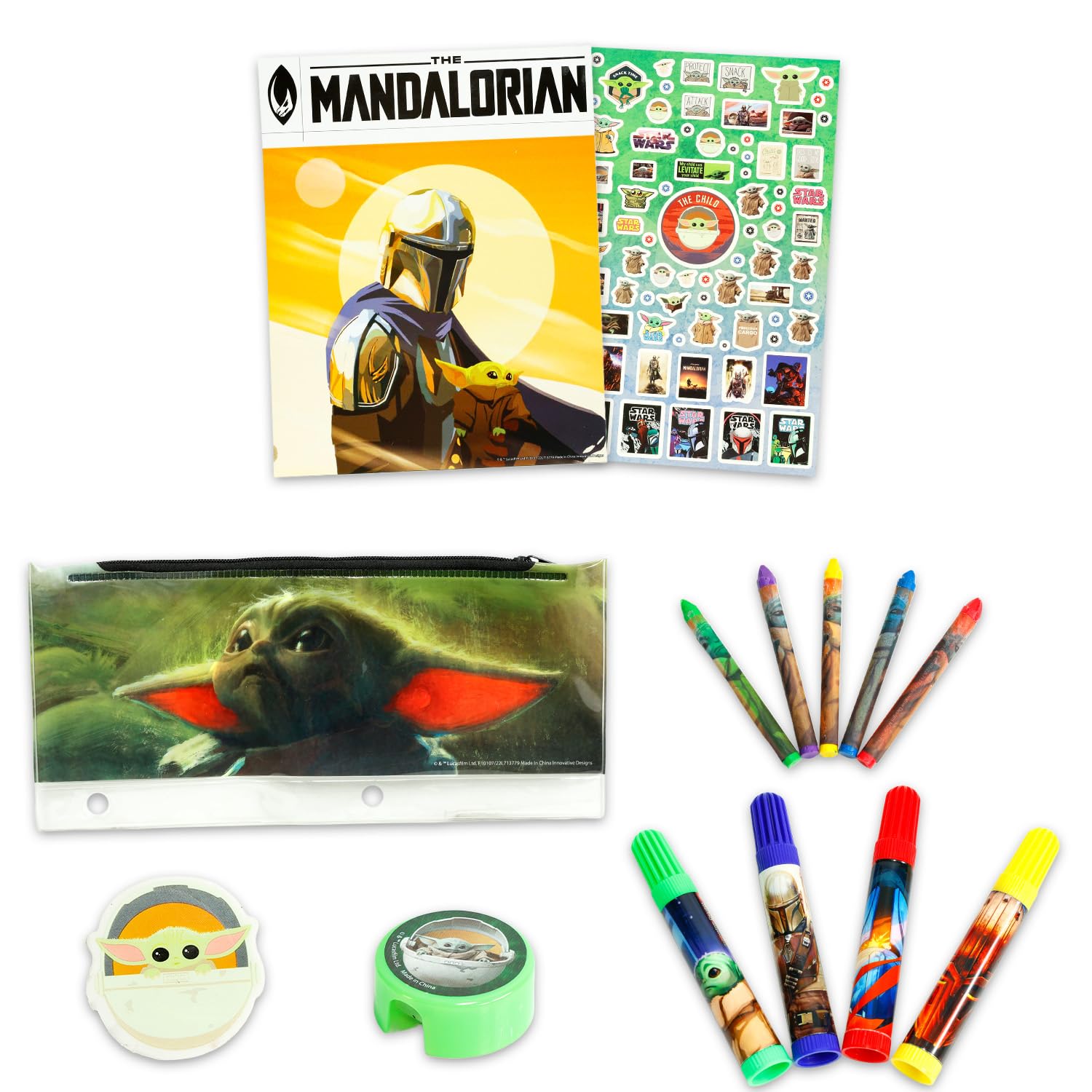 Baby Yoda - Kit da colorare con pagine da colorare di Star Wars, pennarelli, pastelli, adesivi, blocco da disegno, molto altro per bambini, ragazzi, ragazze | Baby Yoda Arts and Crafts Stationery