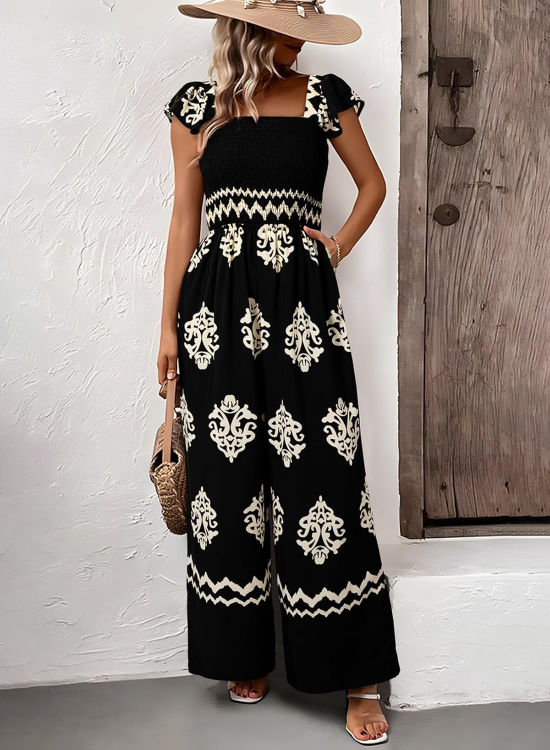 Happy Sailed Womens Summer Jumpsuits Printed Square Neck High Waisted Pockets Wide Leg Rompers Beach Fashion Vacation Outfits - Image 5