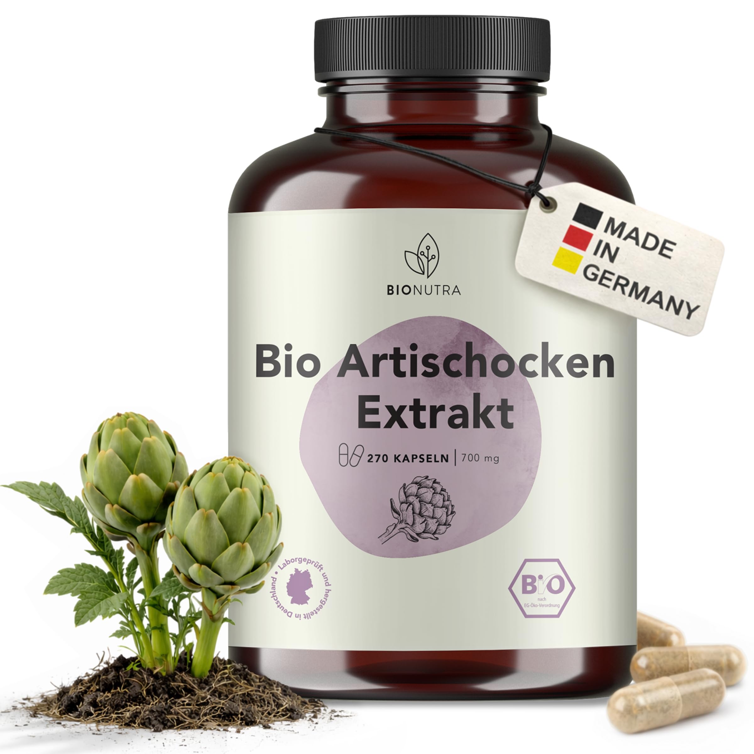 BIONUTRA Bio Artischockenextrakt Kapseln, 270 Stk. à 700 mg, 2,5% Cynarin | wässrige Extraktion aus französischen Artischockenblättern, rückstandskontrolliert, ohne Zusätze, vegan, deutsche Herstellung