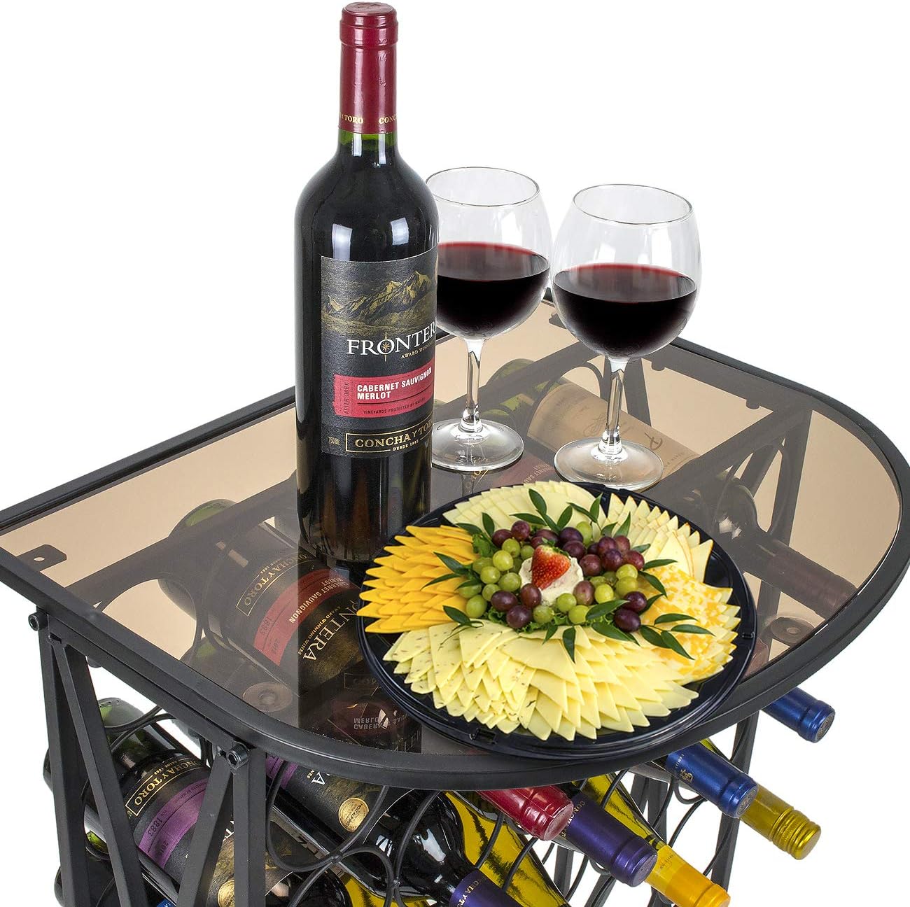 Black Metal Wine Rack Stand with Glass Tabletop for 30 Bottles