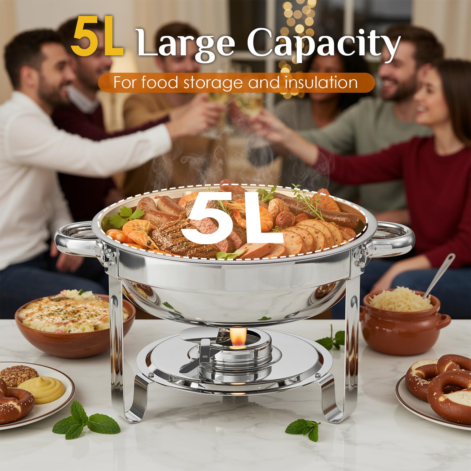 TLGREEN 4 Pezzi Set Chafing Dish Buffet Rotondo 4X5L, Scaldavivande in Acciaio Inox Contenitore Vassoio di Riscaldamento con Coperchi Pentole per Catering, Matrimoni, cene, Buffet, Feste