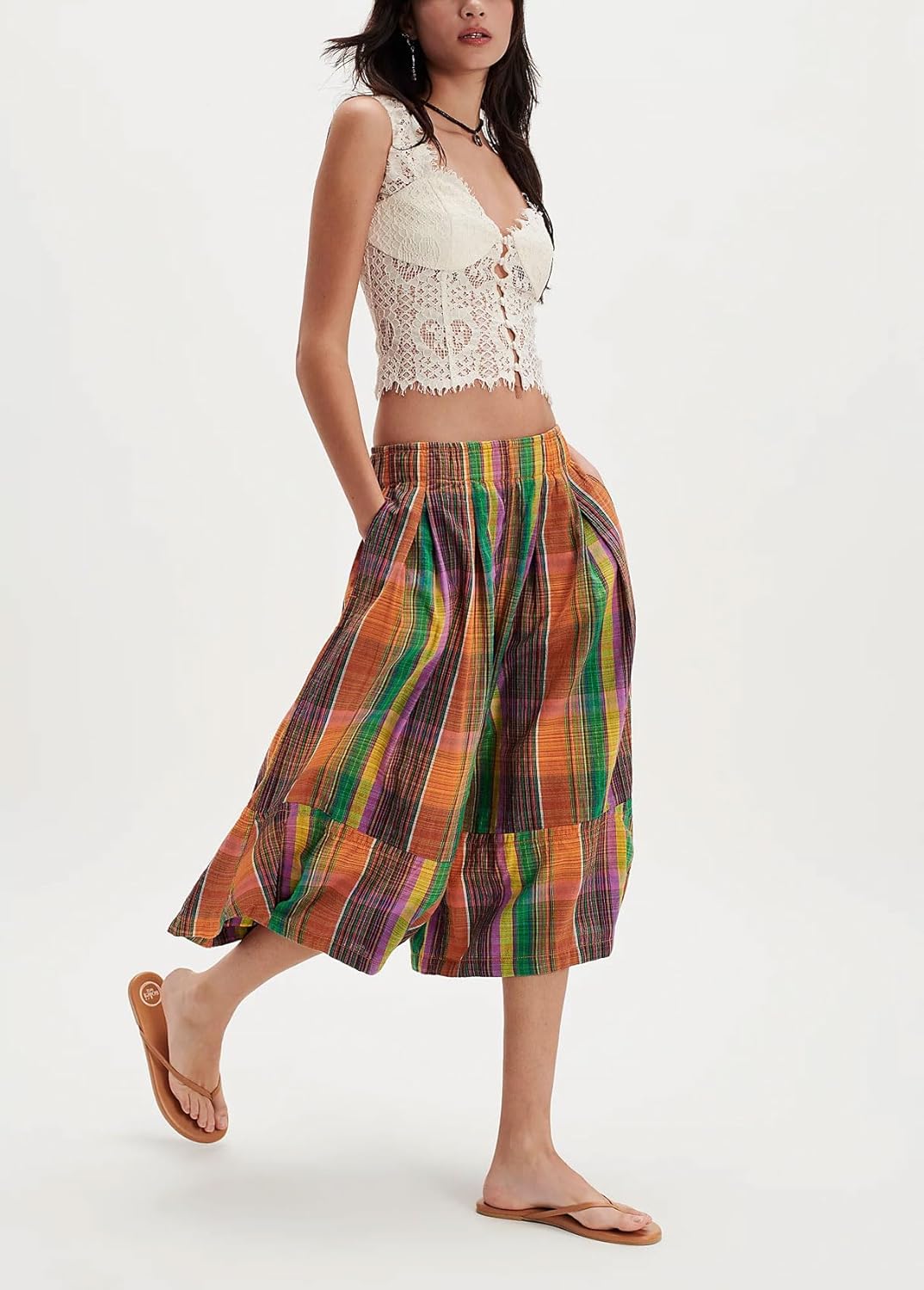 chouyatou Women's Retro Plaid Wide Leg Cropped Pants Y2k Baggy Culottes Capri Palazzo Pants with Pockets - Image 2