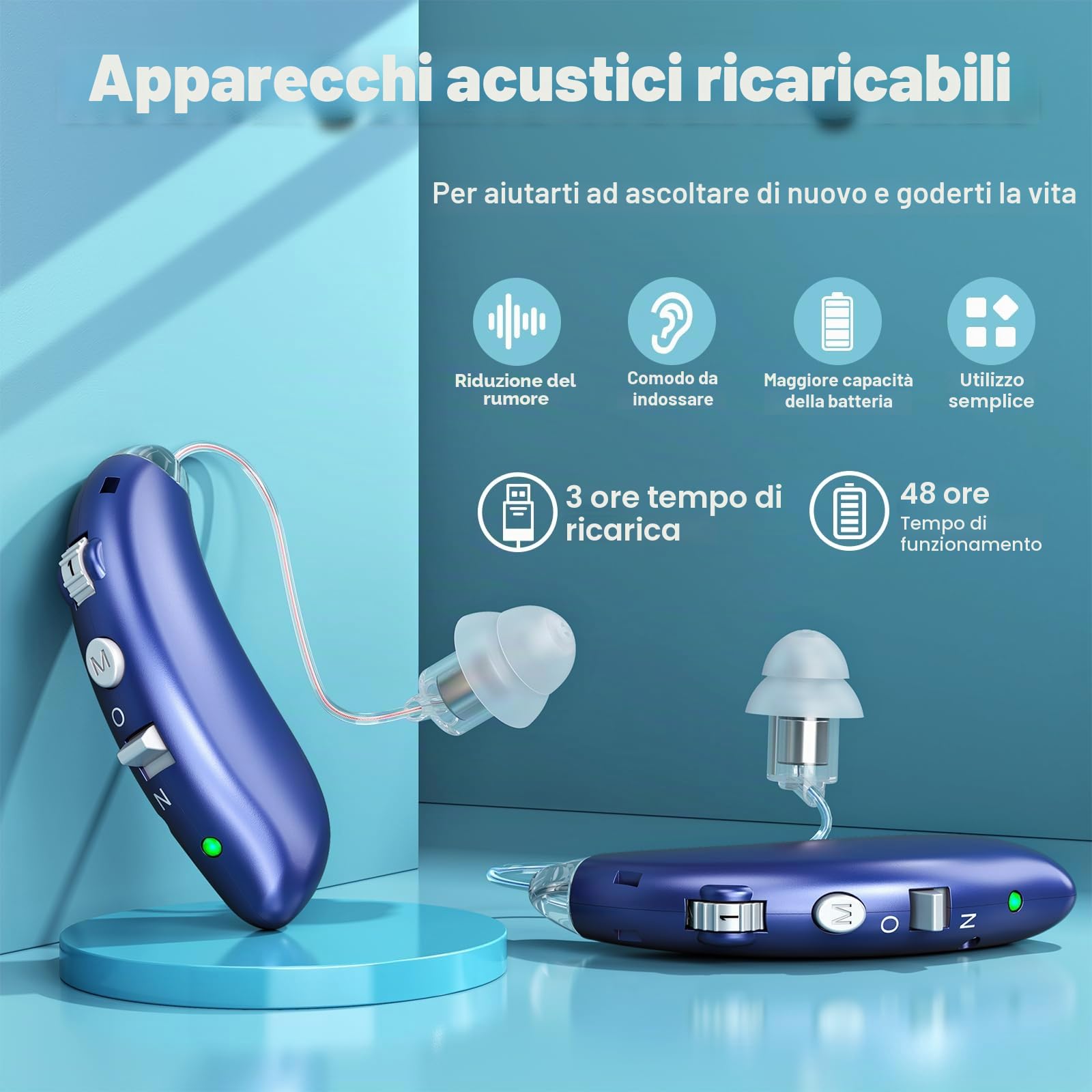 Apparecchi Acustici Ricaricabili per Anziani con Cancellazione del Rumore e Controllo del Volume Amplificatori Digitali per Adulti con Perdita dell'Udito Apparecchi Acustici BTE per Anziani (Blu)