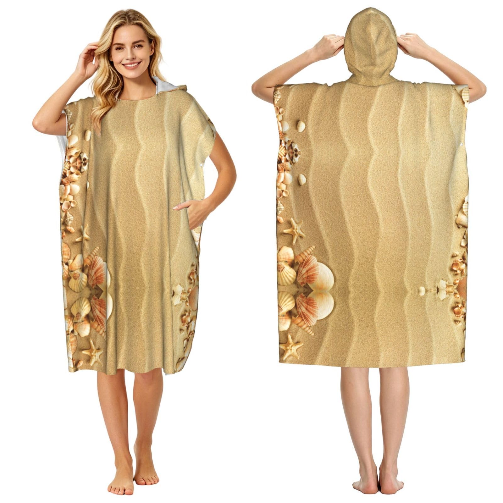 ESNAIUVCD Beach Sea Shell Sand Print Changing Robe, Hooded Towel Poncho For Swimming Pool, Beach,Quick Dry Light Weight Towelling Poncho