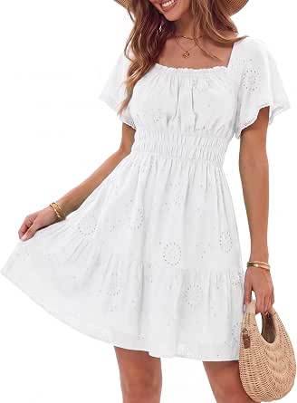 Women's Summer Eyelet Mini Dress Square Neck Short Sleeve