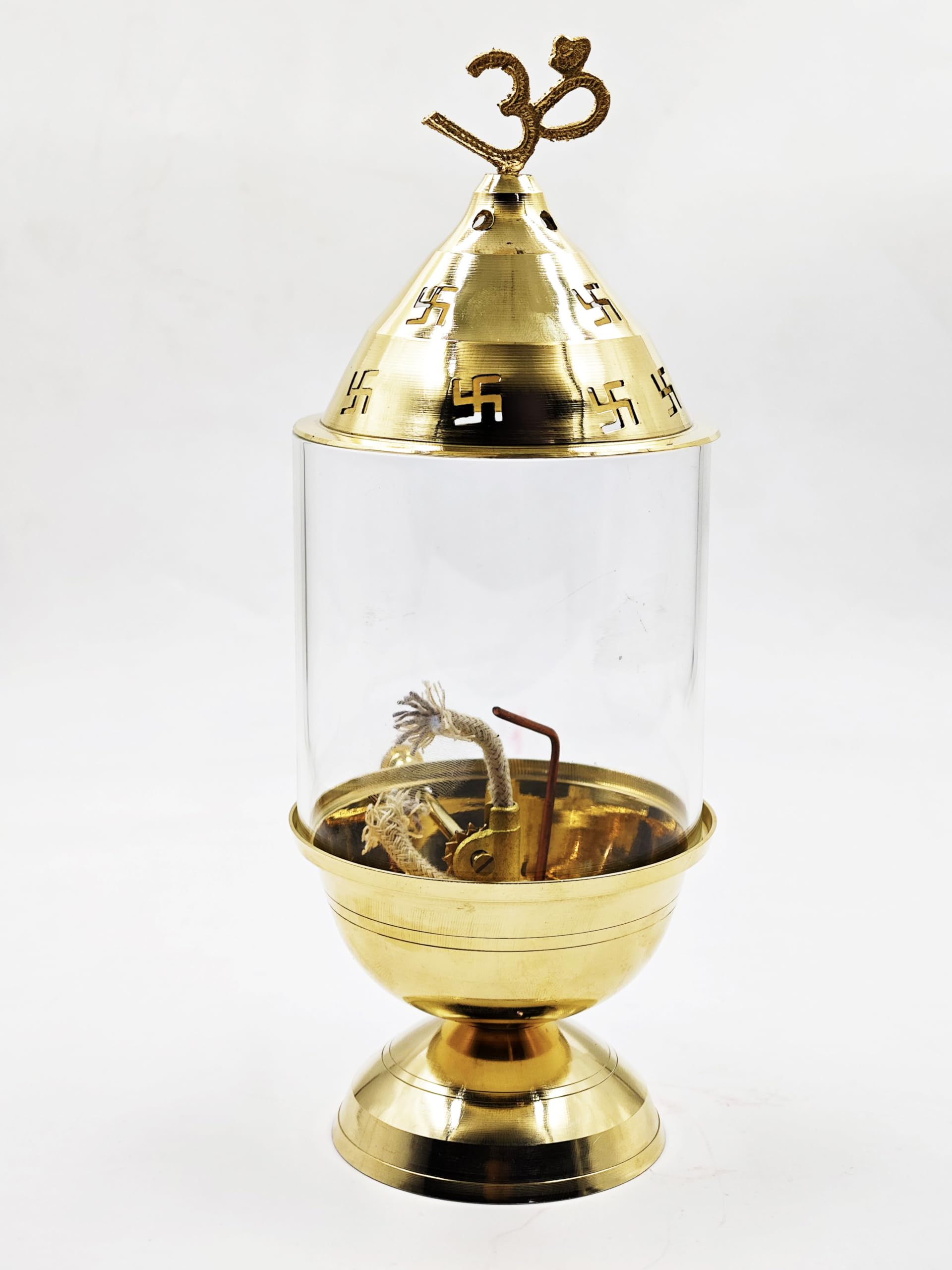 Ein Sof Akhand Diya for Pooja with Adjustable Bati (9 inches)- Large Size Brass Diyas with Wick Lifting Screw Lever & Borosilicate Glass Cover for Home Decoration , Puja & Gifting (150ml , 48 Hour)