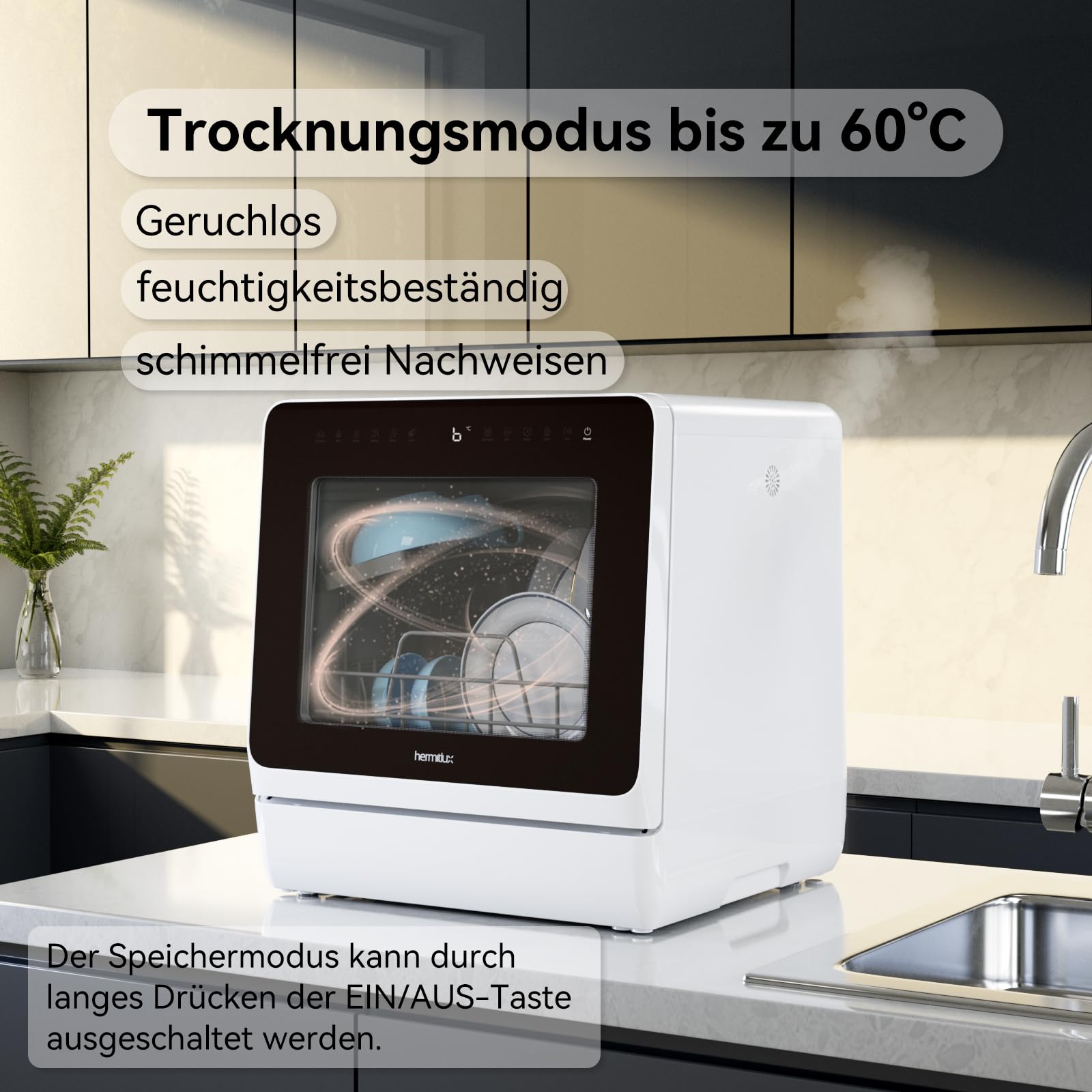 Hermitlux Tischgeschirrspüler Mini Spülmaschine 7+3 Programme 5 Maßgedecken 5L Wassertank Startverzögerung Kindersicherung