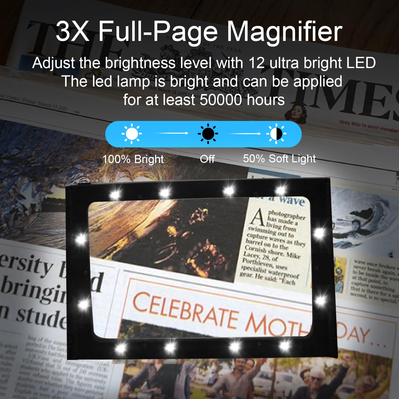 Loupe De Lecture Lumineuse A4 - Grossissement 3X - 12 LEDs - Neuf