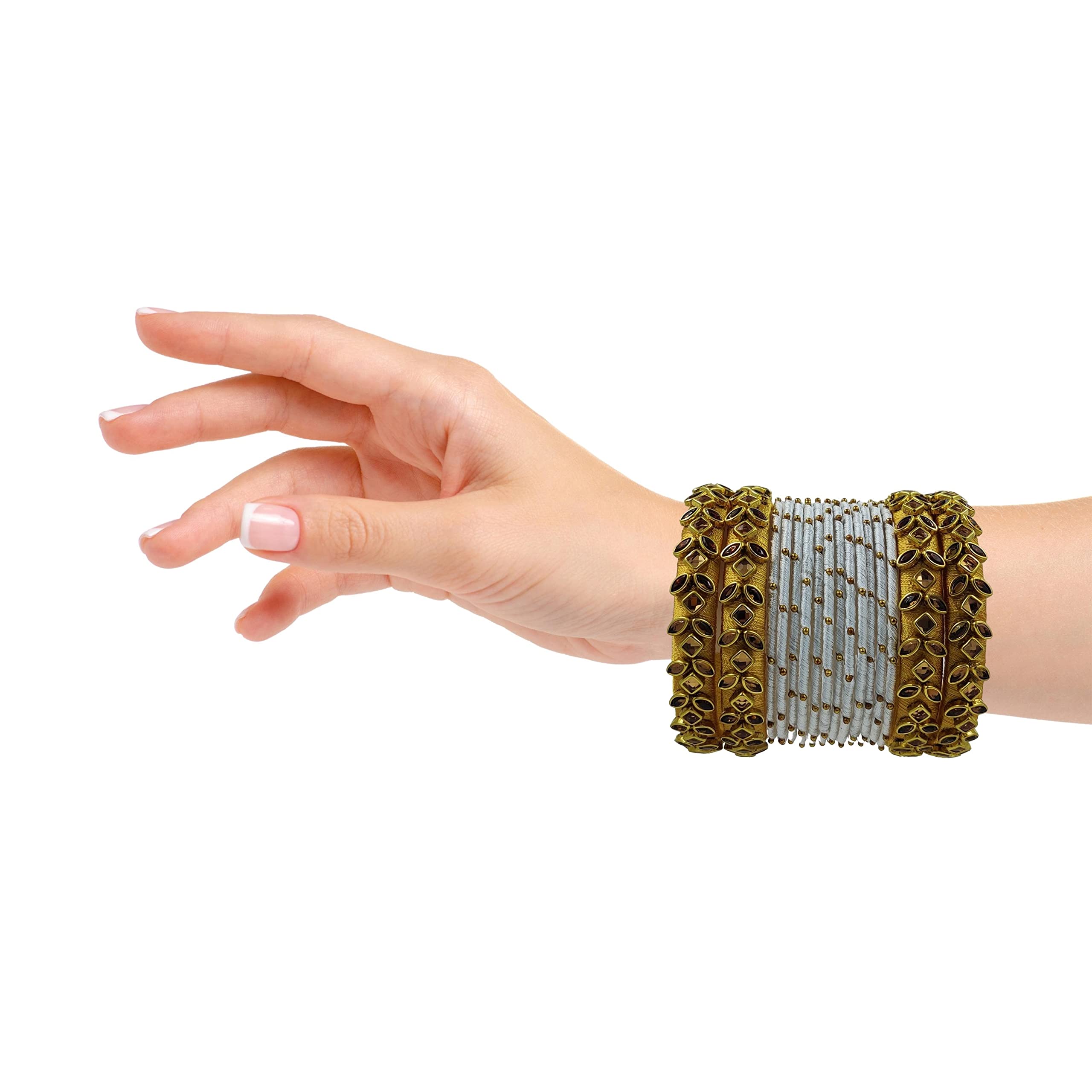 Juego de brazaletes de diseño pesado de hilo de seda Kundan con mezcla de metal, para boda en colores verde pino oscuro..