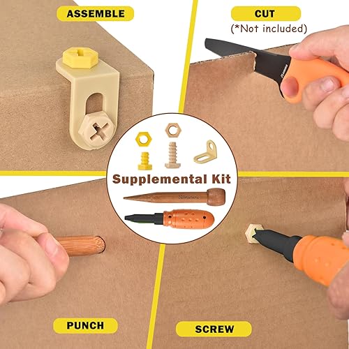 Miniatura 10 de ZLemma Kit de herramientas de construcción de cartón, 163 piezas, juguetes educativos para jugar en casa + aprendizaje en el aula  Herramientas de