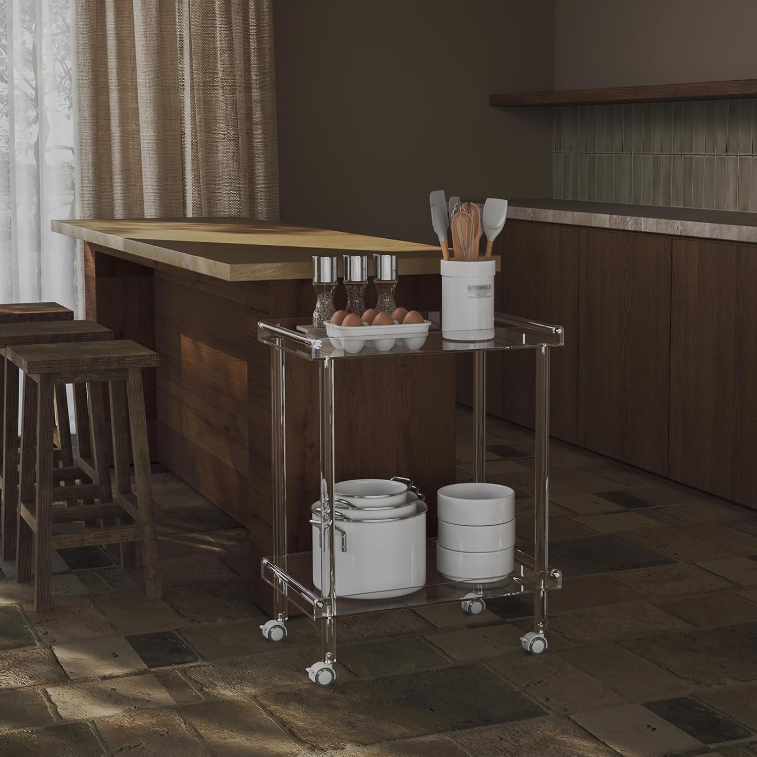 HMYHUM Acrylic Bar Cart, Rolling Serving Cart with 4 Lockable Wheels for The Home Bar, Kitchen, Living Room, Modern, 2-Tier, 23.6" L x 15" W x 30" H, Clear