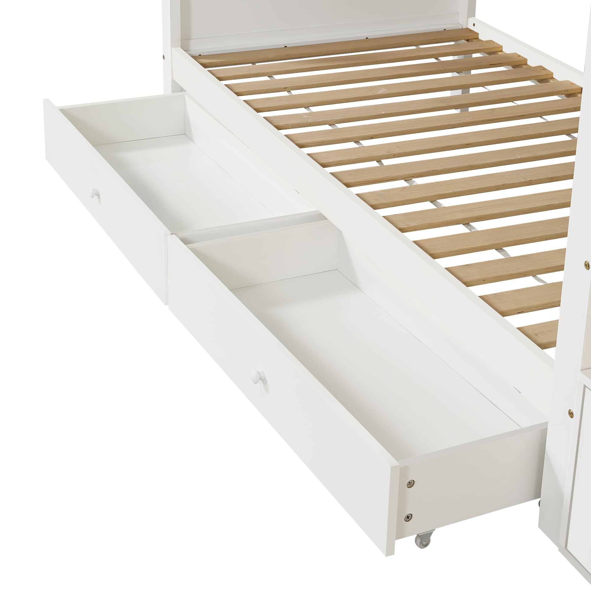 Litera blanca para niños, 90 x 200 cm, de madera, con escalera de almacenamiento, 2 cajoneras, protección contra caídas, cama alta para habitación infantil, sin colchón